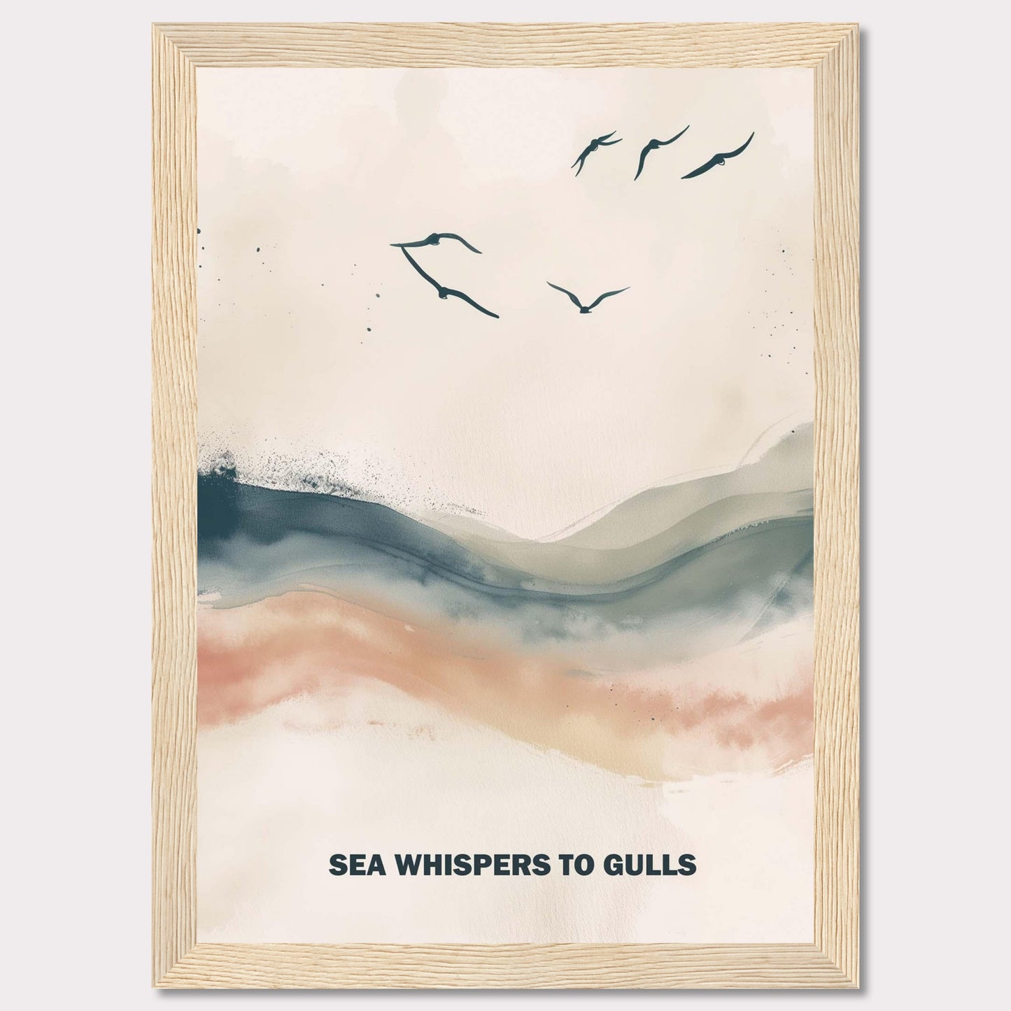 This serene artwork features a minimalist design with gentle waves and flying gulls. The soothing colors create a tranquil atmosphere, perfect for any space needing a touch of calm. The text "SEA WHISPERS TO GULLS" adds a poetic element to the piece.