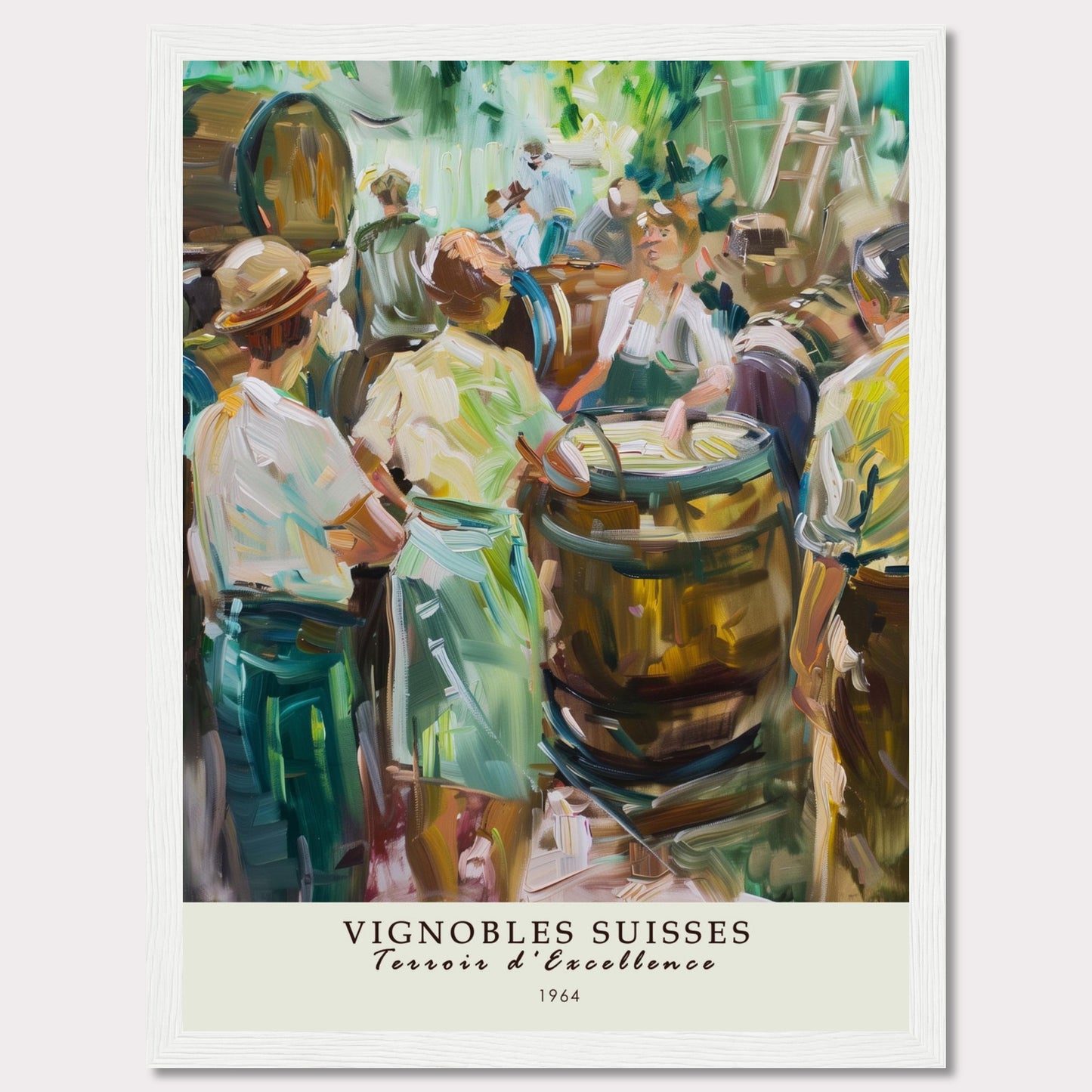 This vibrant painting captures a lively scene of people gathered around wine barrels, reflecting the rich tradition of Swiss vineyards.