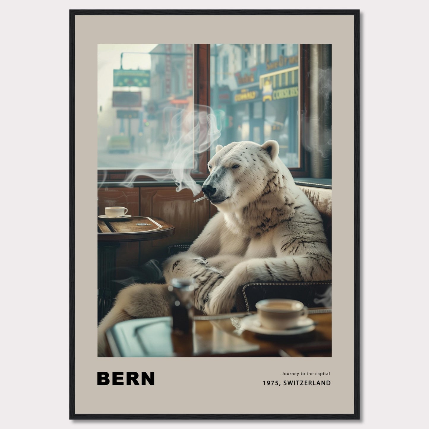 This intriguing poster features a polar bear sitting comfortably in a café, smoking a cigarette. The scene is set against a backdrop of a bustling city street, with shops and signs visible through the window. A cup of coffee sits on the table in front of the bear, adding to the relaxed atmosphere. The text at the bottom reads "BERN" with the caption "Journey to the capital, 1975, Switzerland."