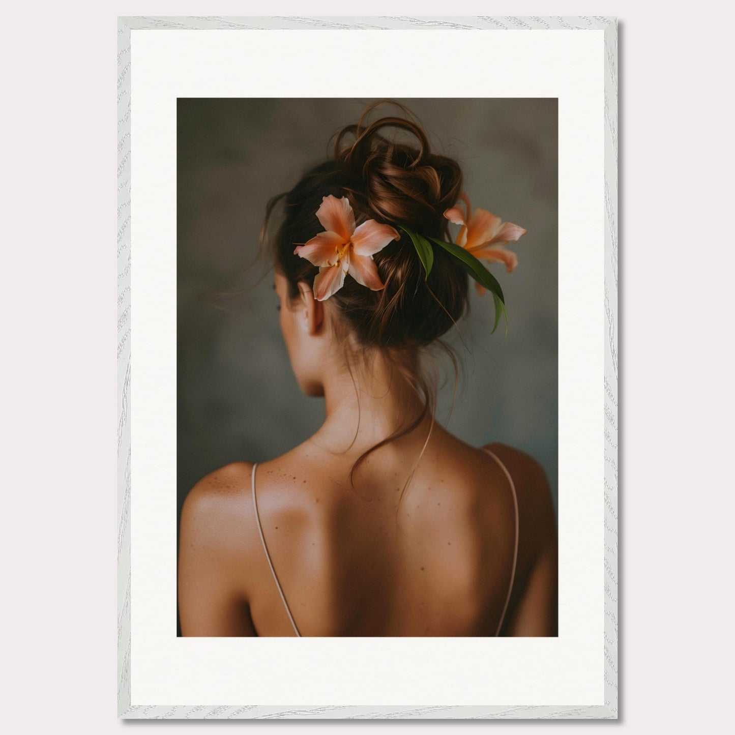 This illustration depicts a woman viewed from behind, with her hair styled in an elegant updo adorned with two peach-colored flowers and green leaves.

This poster would fit well in a bedroom, living room, or any space that benefits from a touch of elegance and natural beauty.