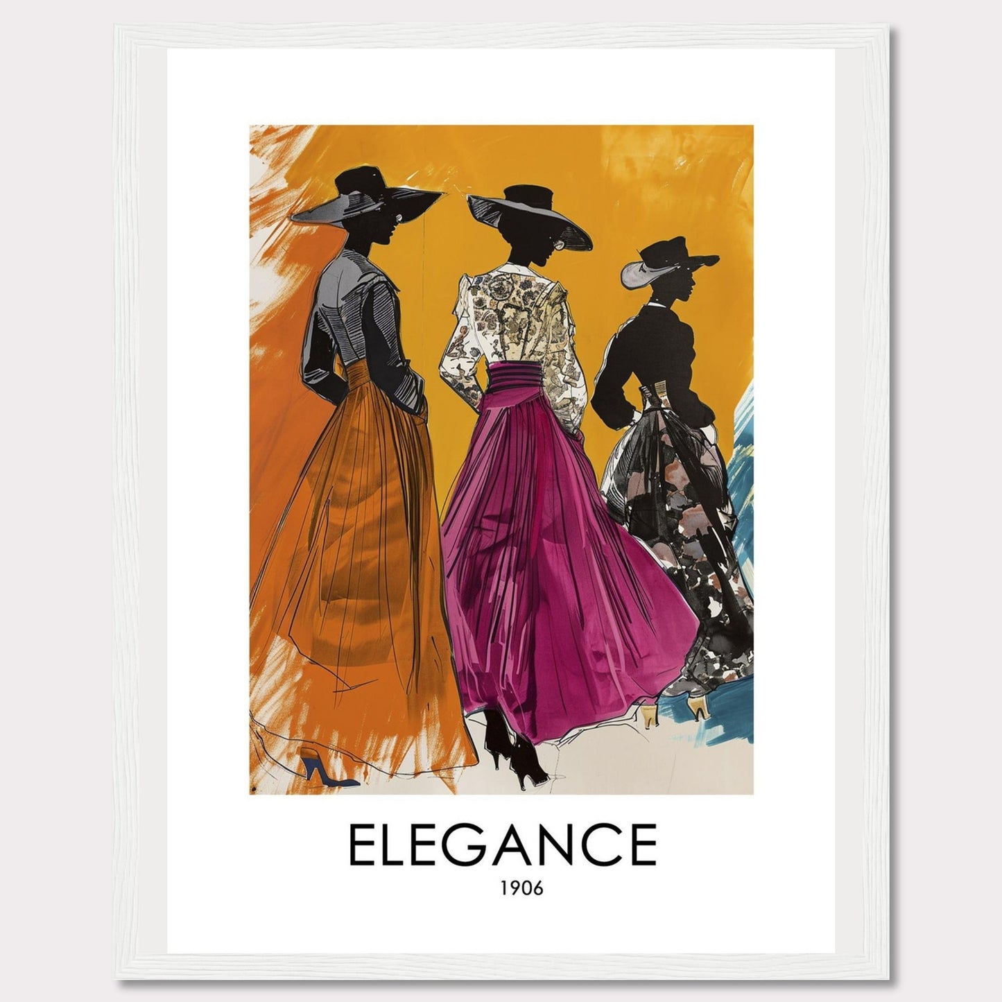 Three stylish women in elegant dresses and wide-brimmed hats stand gracefully against a vibrant orange background. The artwork exudes sophistication and timeless fashion from the early 1900s.