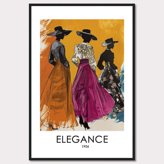 Three stylish women in elegant dresses and wide-brimmed hats stand gracefully against a vibrant orange background. The artwork exudes sophistication and timeless fashion from the early 1900s.