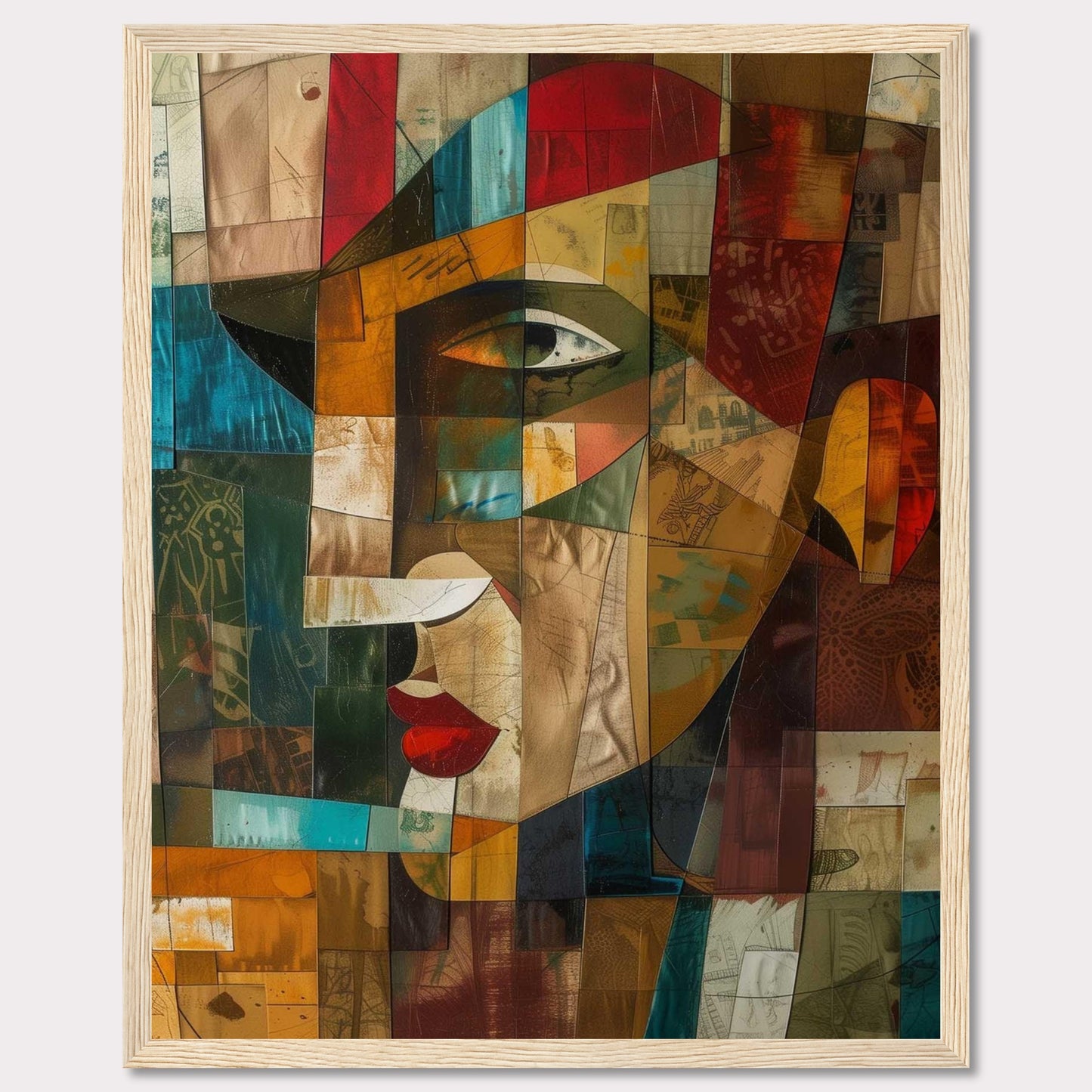 This captivating artwork features a cubist-style portrait, blending vibrant colors and geometric shapes to create a striking visual. The image showcases an abstract face with prominent red lips, a sharp nose, and expressive eyes.