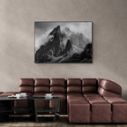 Echo of Stone – Alu-Dibond wall art featuring majestic alpine peaks in a modern living room setting.