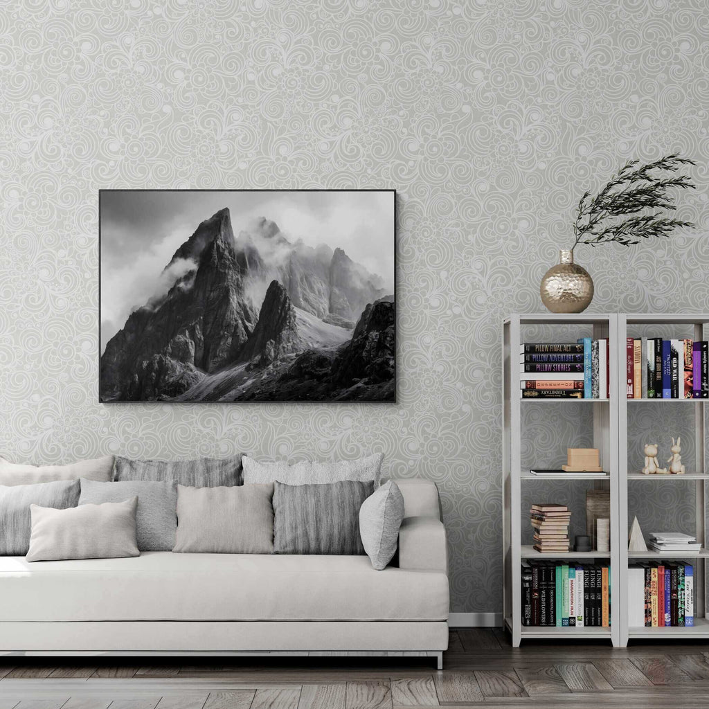 Echo of Stone – Alu-Dibond wall art displayed above a modern sofa in a stylish living room.
