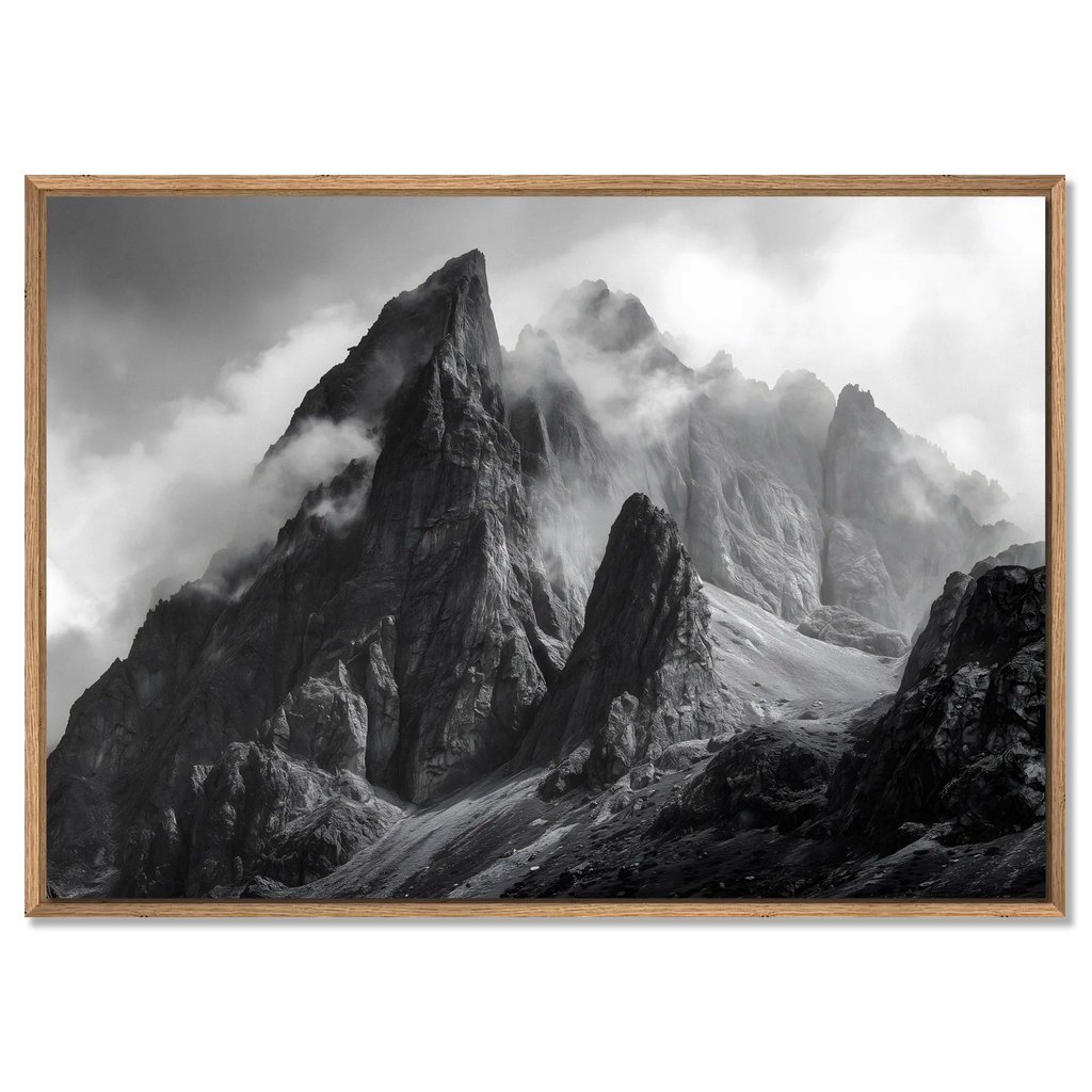 Echo of Stone – Alu-Dibond wall art showcasing majestic alpine peaks in misty black and white.