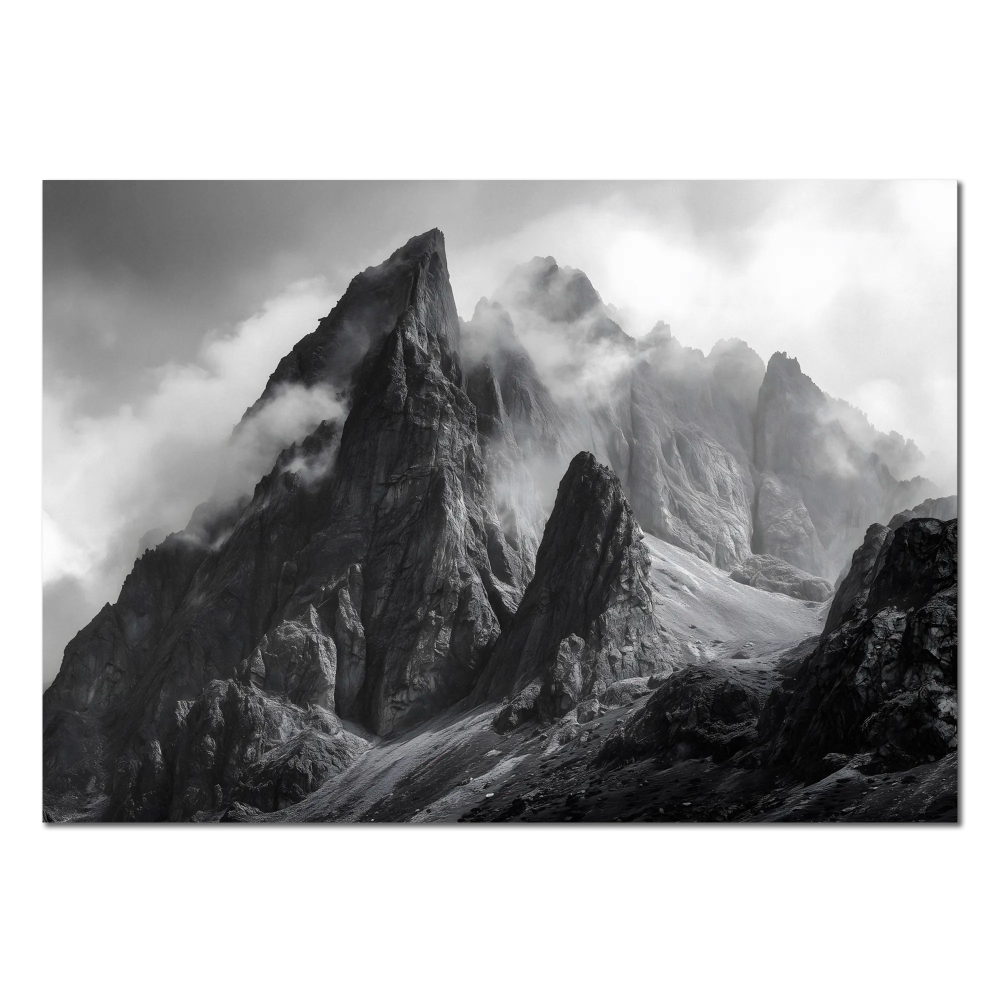 Echo of Stone – Alu-Dibond wall art depicting majestic alpine peaks in dramatic black and white.