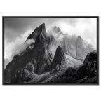 Echo of Stone – Alu-Dibond wall art featuring majestic alpine peaks shrouded in mist.