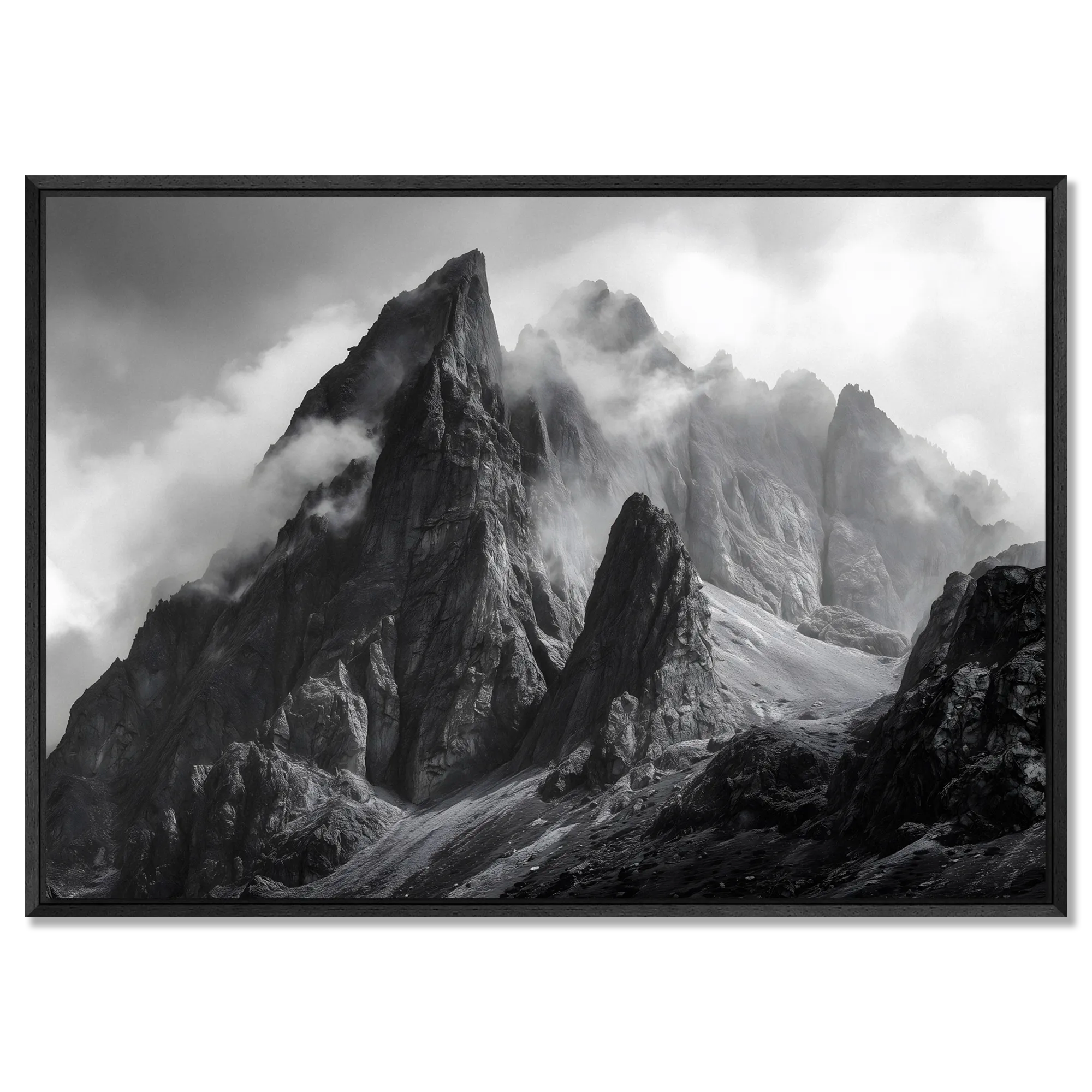 Echo of Stone – Alu-Dibond wall art featuring majestic alpine peaks shrouded in mist.