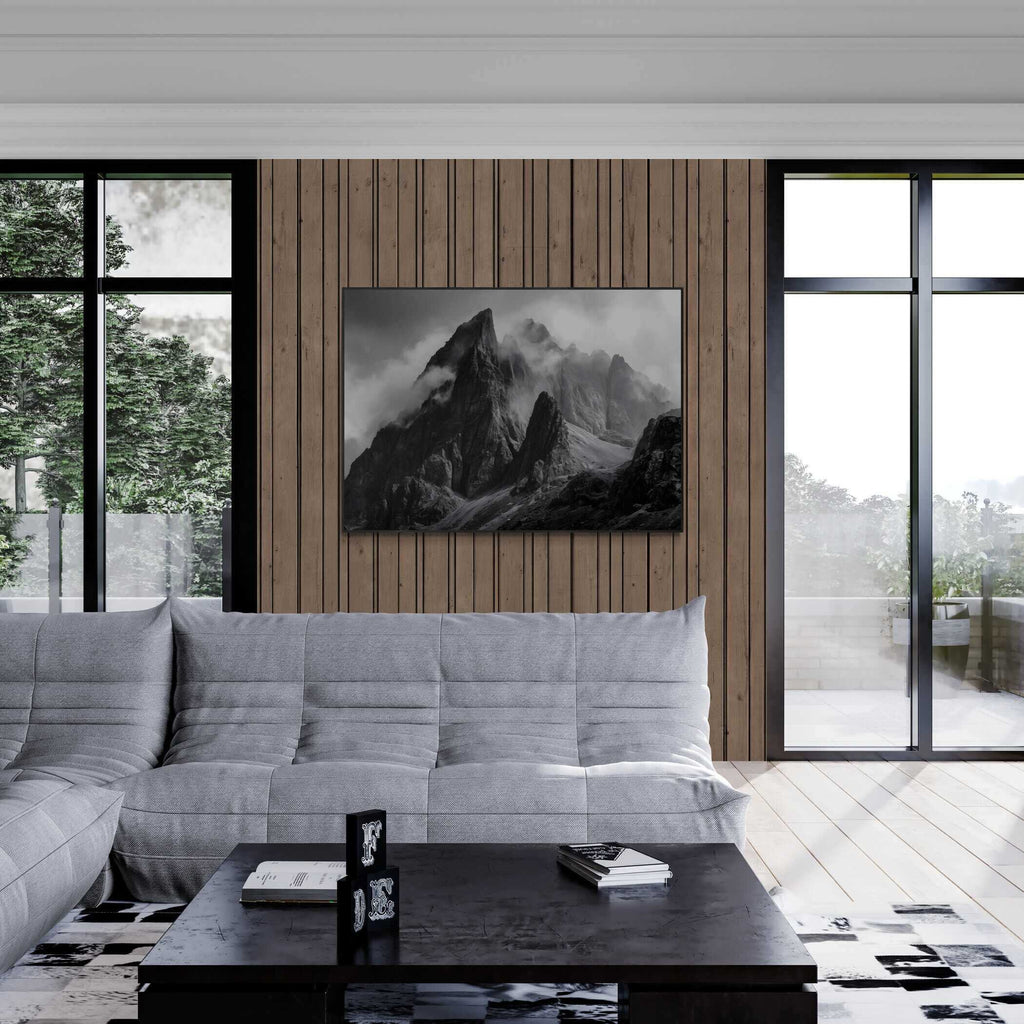 Echo of Stone – Alu-Dibond wall art displayed in a modern living room with large windows.