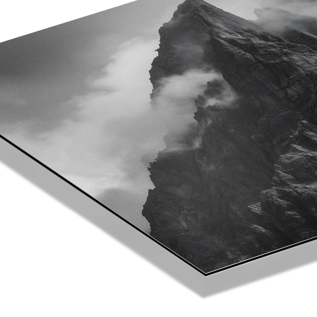 Echo of Stone – Alu-Dibond wall art showcasing majestic alpine peaks in mist and light.