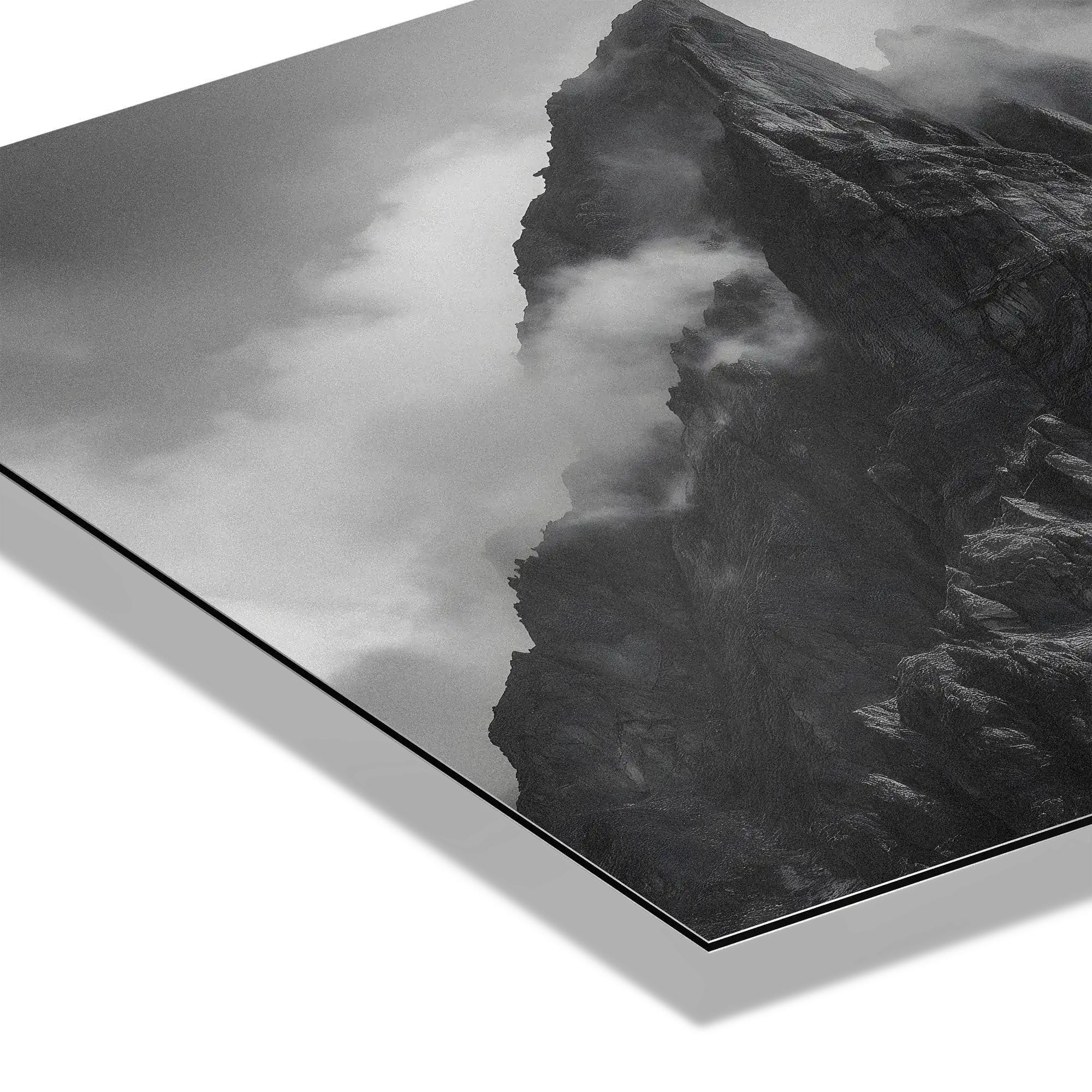 Echo of Stone – Alu-Dibond wall art showcasing majestic alpine peaks in mist and light.