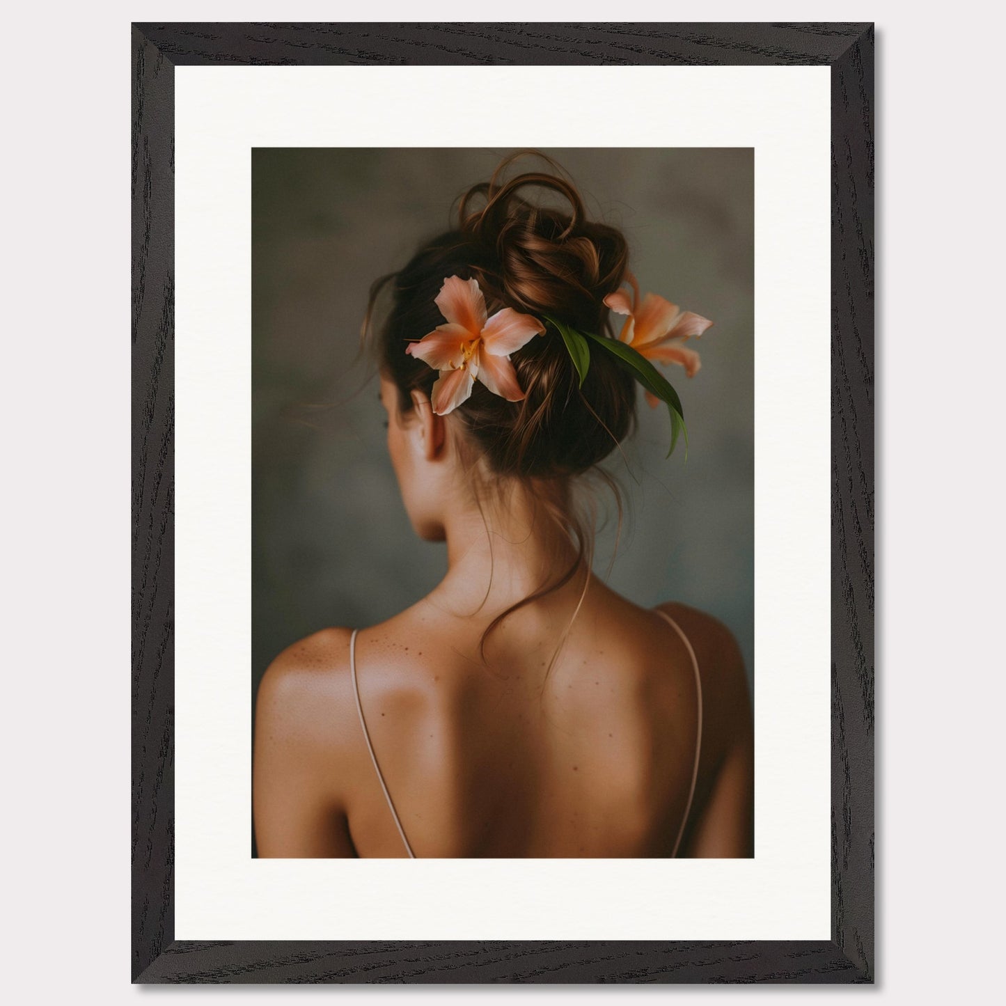 This illustration depicts a woman viewed from behind, with her hair styled in an elegant updo adorned with two peach-colored flowers and green leaves.

This poster would fit well in a bedroom, living room, or any space that benefits from a touch of elegance and natural beauty.