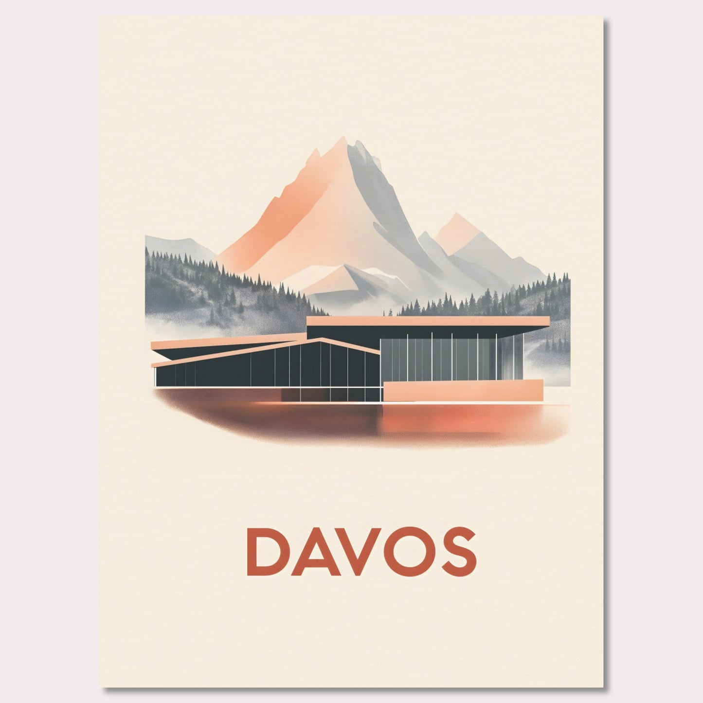 A refined travel poster showcasing Davos' modern architecture against breathtaking alpine peaks. The sleek lines of the building contrast harmoniously with the rugged mountains, embodying the balance between innovation and nature.