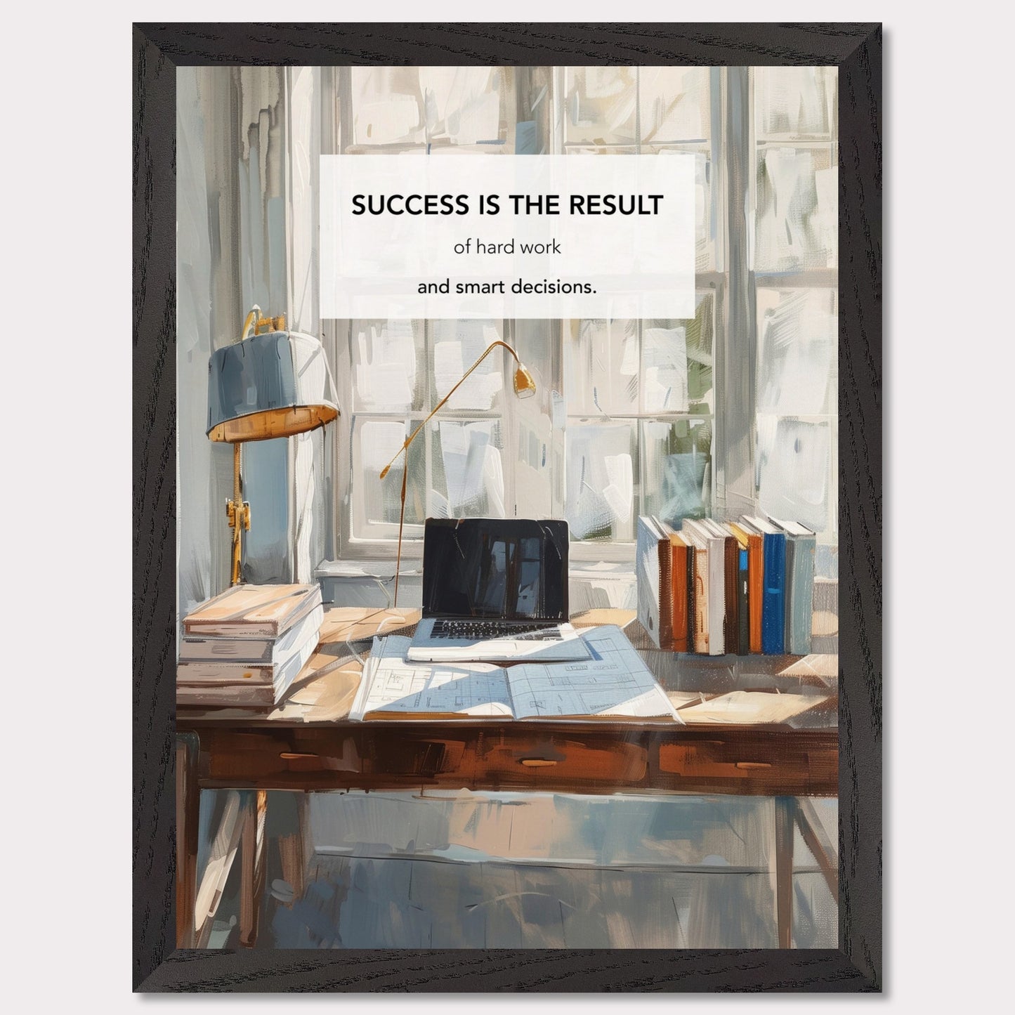 This inspiring poster showcases a serene and productive workspace bathed in natural light. The central message, "Success is the result of hard work and smart decisions," is prominently displayed.