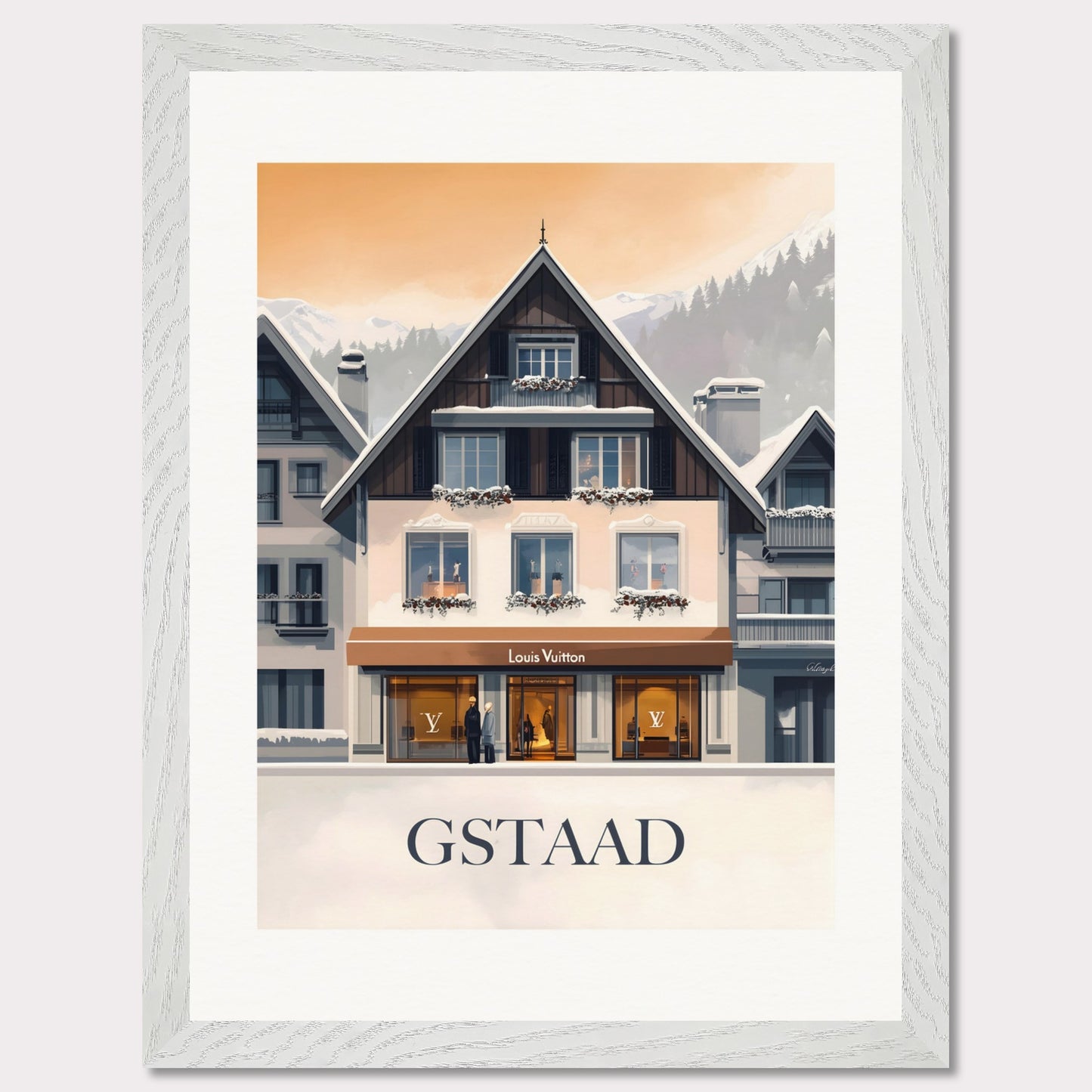 A chic and stylish poster showcasing a luxury boutique in Gstaad, framed by elegant alpine architecture. The blend of modern sophistication and traditional Swiss charm creates a timeless appeal.