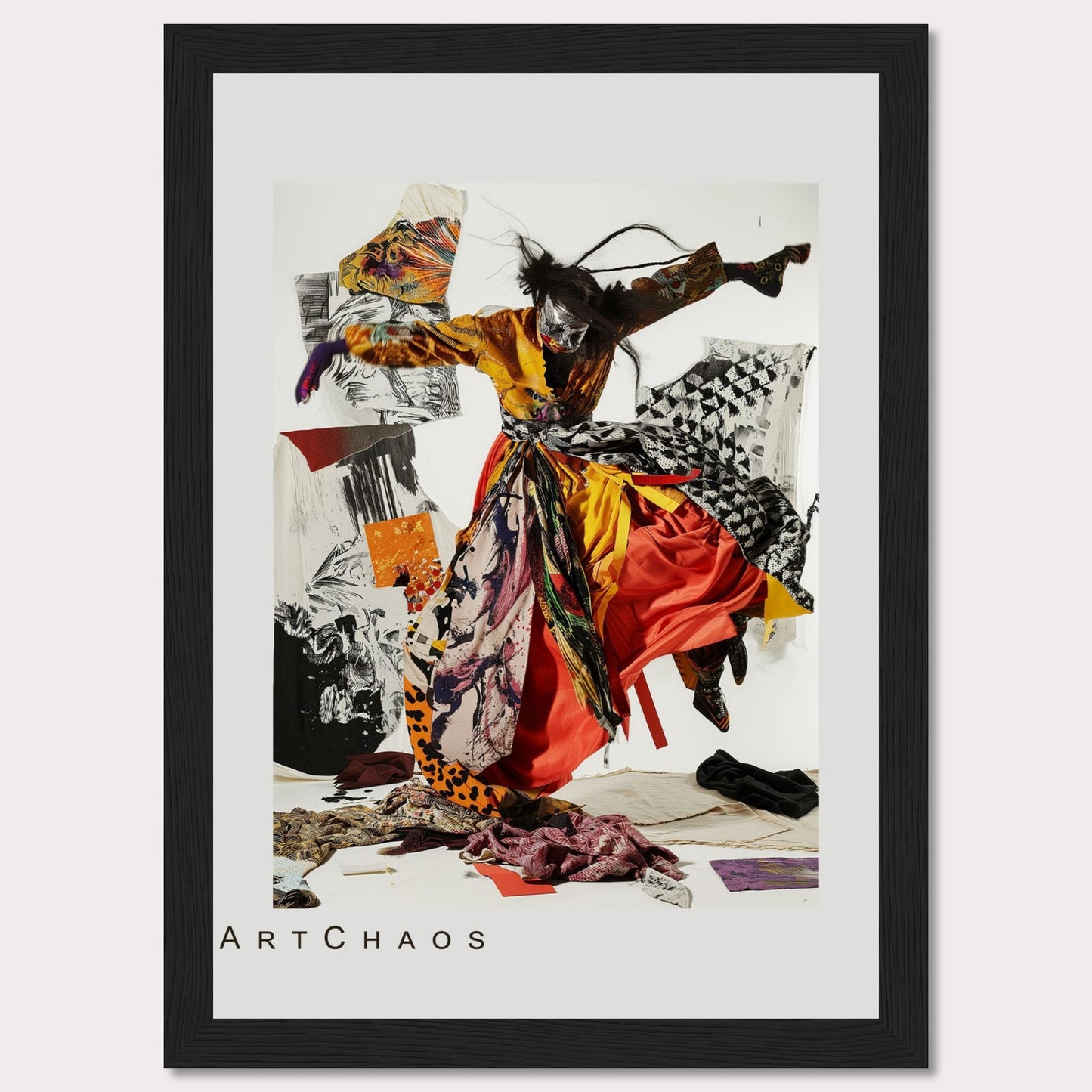 This captivating artwork features a dynamic figure in vibrant, flowing attire, seemingly caught in mid-motion. The background is a collage of abstract patterns and textures, adding depth and intrigue to the piece. The mix of bold colors and chaotic elements creates a sense of energy and movement.