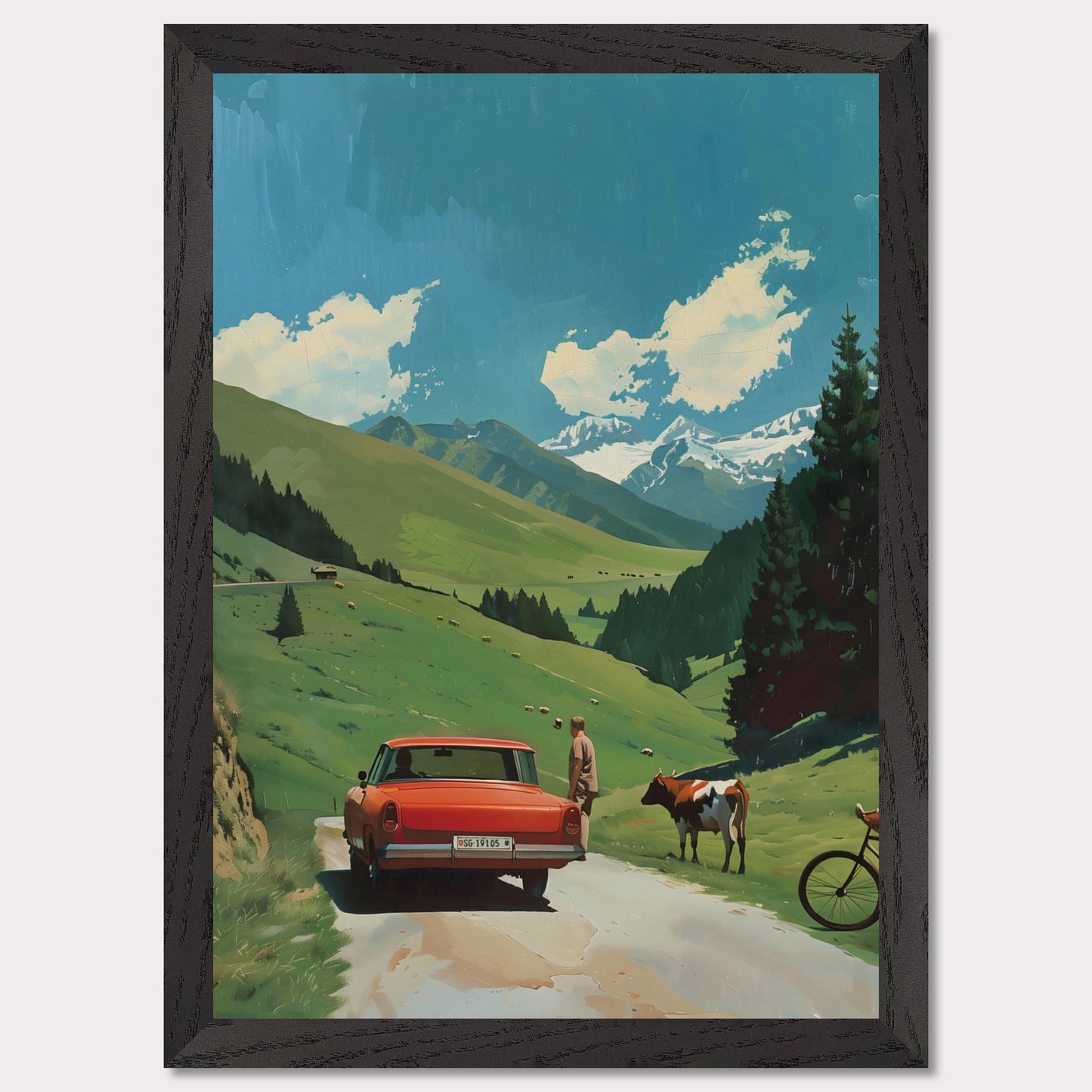 This picture depicts a serene countryside scene with a vibrant red car parked on a narrow road. A person stands beside the car, gazing at a cow that is standing nearby. The lush green hills stretch towards majestic snow-capped mountains under a bright blue sky dotted with fluffy white clouds. A bicycle rests against the tall pine trees, adding to the tranquil rural atmosphere.