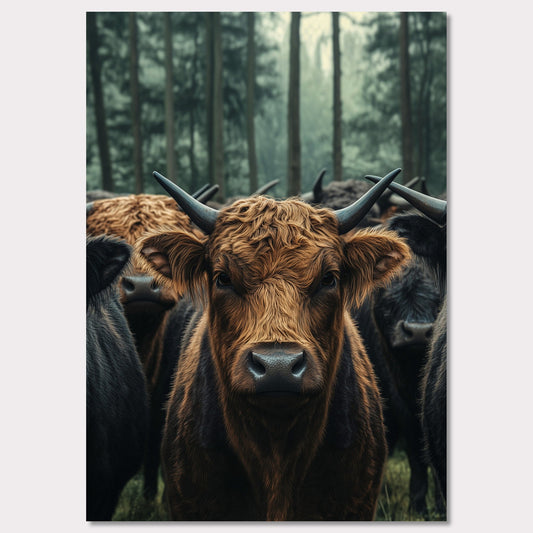 This captivating image features a herd of Highland cattle standing in a misty forest. The central focus is on a brown Highland cow, with its distinctive long horns and shaggy coat, staring directly at the viewer. The background showcases tall trees enveloped in fog, adding a mystical ambiance to the scene.