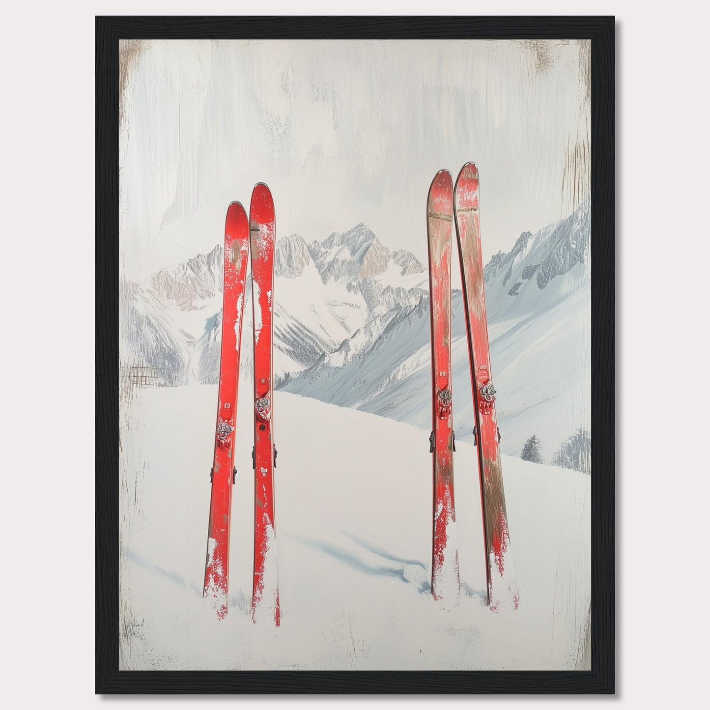 This captivating image showcases a serene winter scene with four red skis planted in the snow against a backdrop of majestic, snow-covered mountains. The skis stand out vibrantly against the white snow and the muted tones of the distant peaks. The overall composition evokes a sense of adventure and the thrill of skiing in the great outdoors.