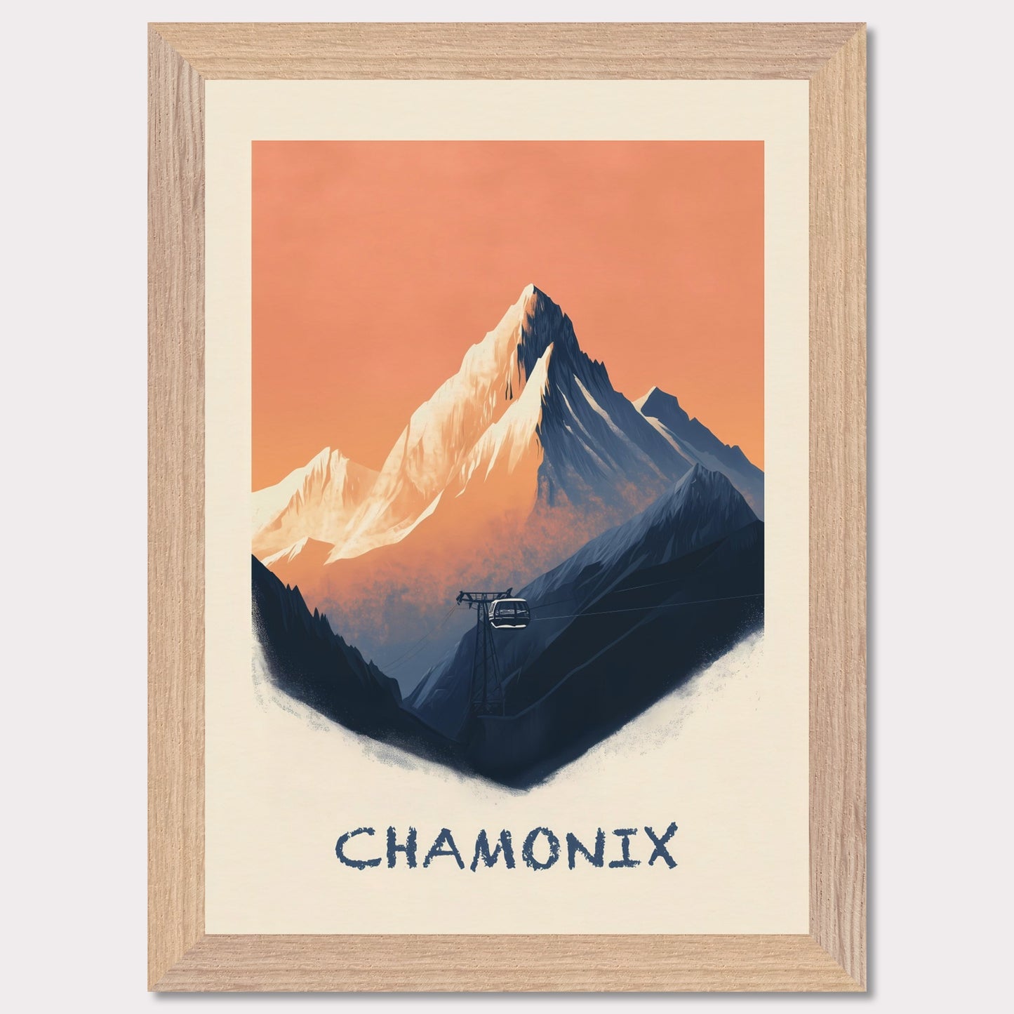 This breathtaking poster captures the rugged majesty of Chamonix, with the towering snow-capped peaks set against a warm, pastel sky. A cable car ascends through the mist, symbolizing adventure, exploration, and the timeless allure of the Alps.