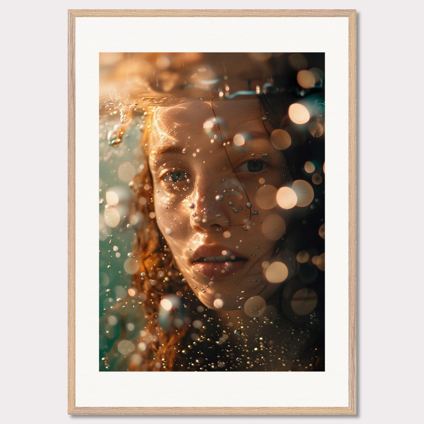 A close-up, artistic photograph of a person's face submerged in water, with light reflections and bokeh effects creating an ethereal atmosphere.

This poster would fit well in modern living rooms, art studios, bedrooms, or any space that appreciates contemporary and artistic photography.