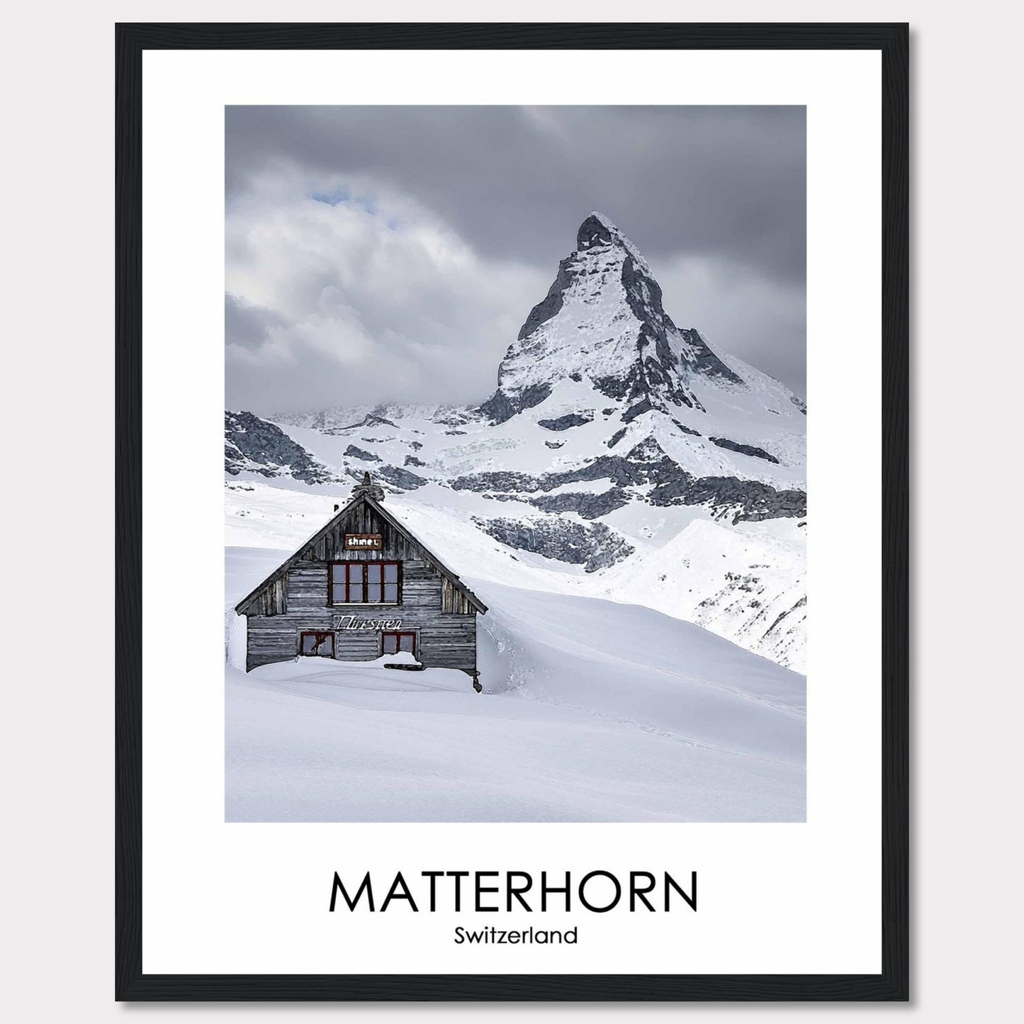 This stunning photograph captures the iconic Matterhorn in Switzerland, with a charming wooden cabin nestled in the snow-covered landscape. The majestic peak rises dramatically against a cloudy sky, creating a breathtaking scene of natural beauty.