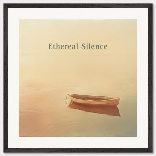 This serene photograph features a solitary rowboat gently floating on calm waters under a soft, ethereal light. The words "Ethereal Silence" are elegantly displayed above the boat, enhancing the tranquil atmosphere.