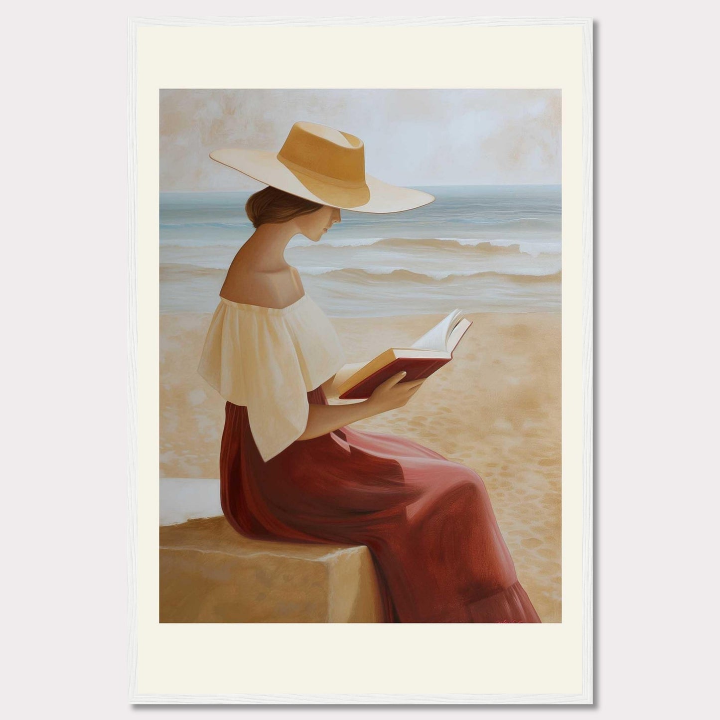 This serene painting depicts a woman sitting by the beach, engrossed in a book. She wears a wide-brimmed hat and a flowing dress, with the ocean waves gently rolling in the background.