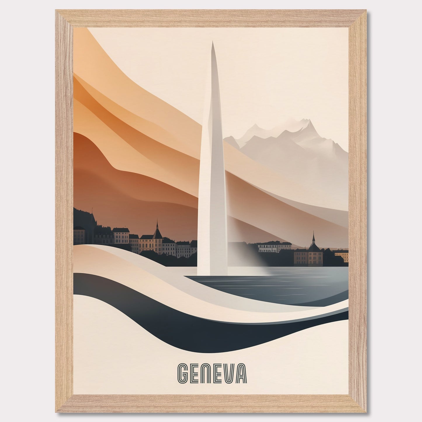 A modern and elegant poster of Geneva’s famous Jet d’Eau fountain, seamlessly blending into the landscape. Smooth curves and warm hues create a sense of fluidity and movement.