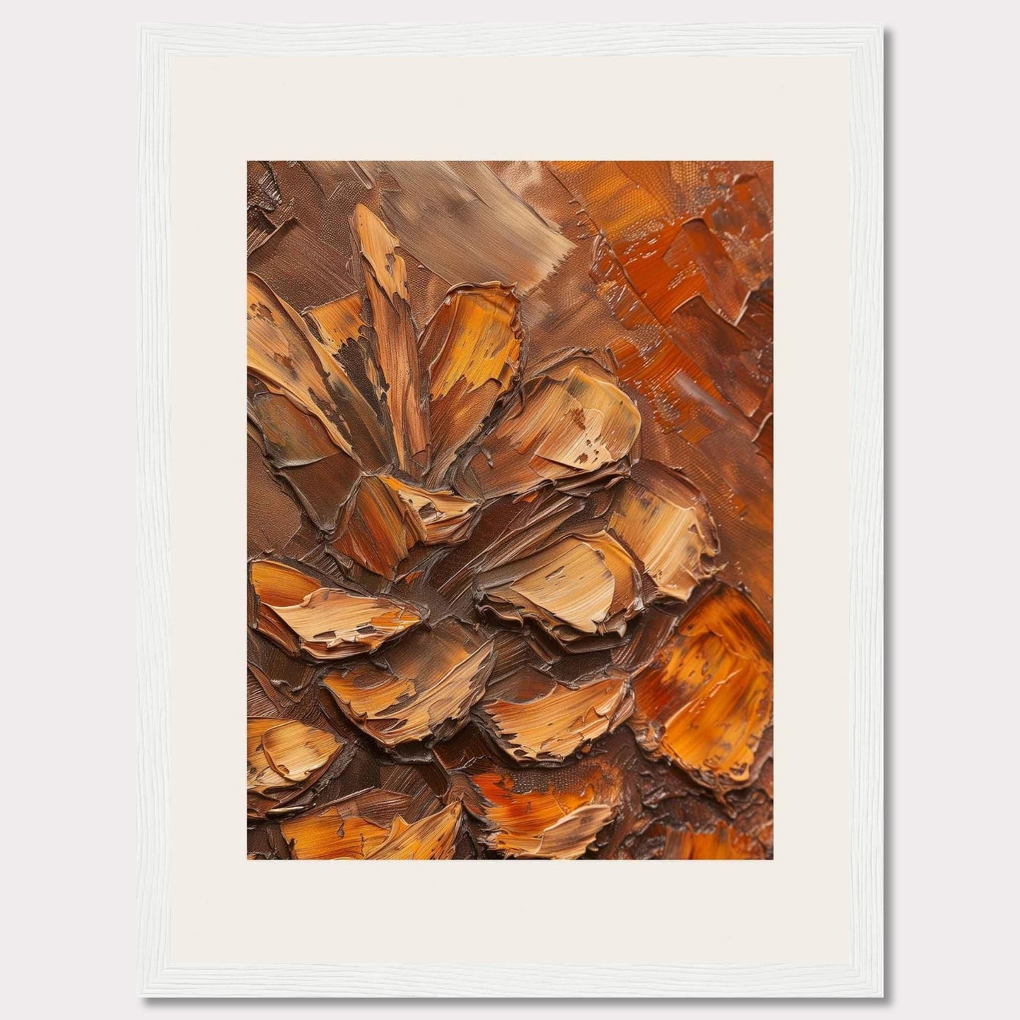 This image showcases a textured painting of a pine cone, rendered in rich, earthy tones. The thick, impasto technique gives the artwork a three-dimensional feel, making the pine cone appear almost lifelike. The painting is framed in a sleek black frame with a white matting that enhances its visual appeal.