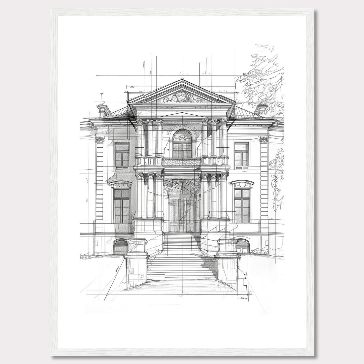 This image showcases an architectural sketch of a grand, classical building. The detailed drawing highlights the intricate design and majestic structure of the edifice.