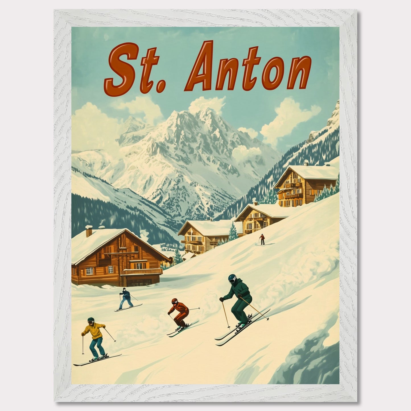 This vibrant retro-style poster captures the thrilling energy of skiing in St. Anton. The scene depicts skiers carving down the slopes, with picturesque alpine chalets nestled in the snow-covered hills and the majestic mountains towering in the background. The warm tones of the sky and the clean, crisp snow evoke the exhilarating experience of a winter sports haven. The bold retro typography adds a touch of nostalgia, perfectly highlighting the charm and adventure of St. Anton.