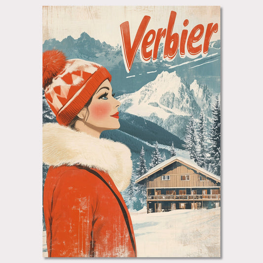 This elegant retro-style poster features a woman in a stylish red winter coat and pom-pom hat, looking towards the majestic Verbier mountains. The soft pastel tones and crisp white snow provide a serene backdrop, while the vintage design and typography evoke a sense of sophistication and timeless charm. The poster conveys the allure of Verbier as both an adventure and a refined escape into nature’s beauty.