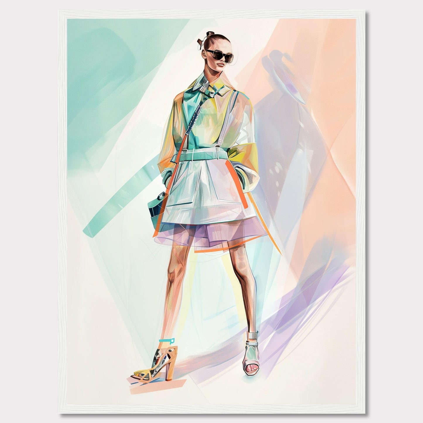 This stunning artwork features a stylish figure in a vibrant, modern outfit. The person is wearing a colorful, translucent coat over a layered skirt, with high-fashion heels and chic sunglasses. The background is an abstract blend of pastel colors, enhancing the fashionable vibe.