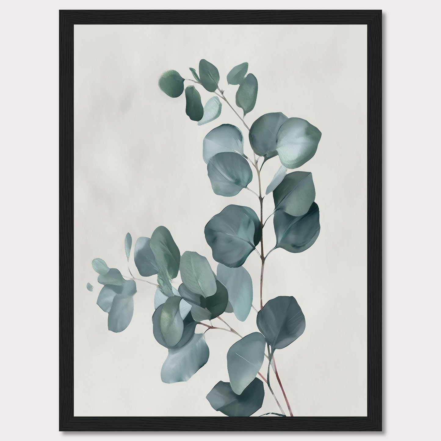 This image showcases a minimalist botanical artwork featuring eucalyptus leaves. The leaves are painted in soft, muted green tones against a light background, creating a serene and calming effect.