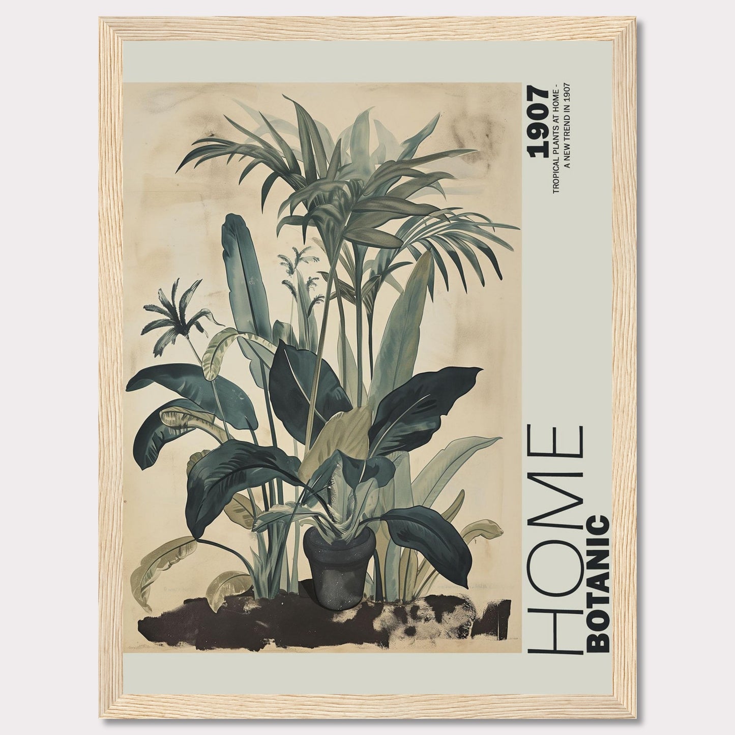 This image features a beautifully framed botanical art print showcasing lush tropical plants. The artwork has a vintage feel with muted green tones and intricate leaf details, giving it a timeless aesthetic. The text "HOME BOTANIC" and "1907" adds a touch of classic elegance to the piece.