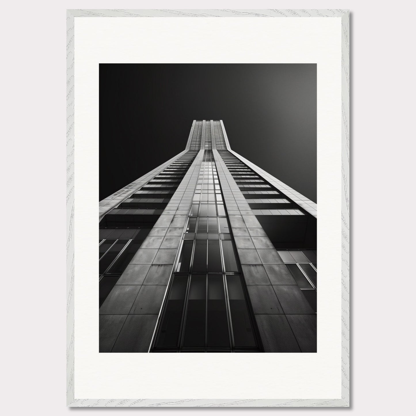 This striking black and white photograph captures the awe-inspiring perspective of looking up at a towering skyscraper. The image emphasizes the sleek lines and modern architecture, drawing the viewer's eye upwards towards the sky.