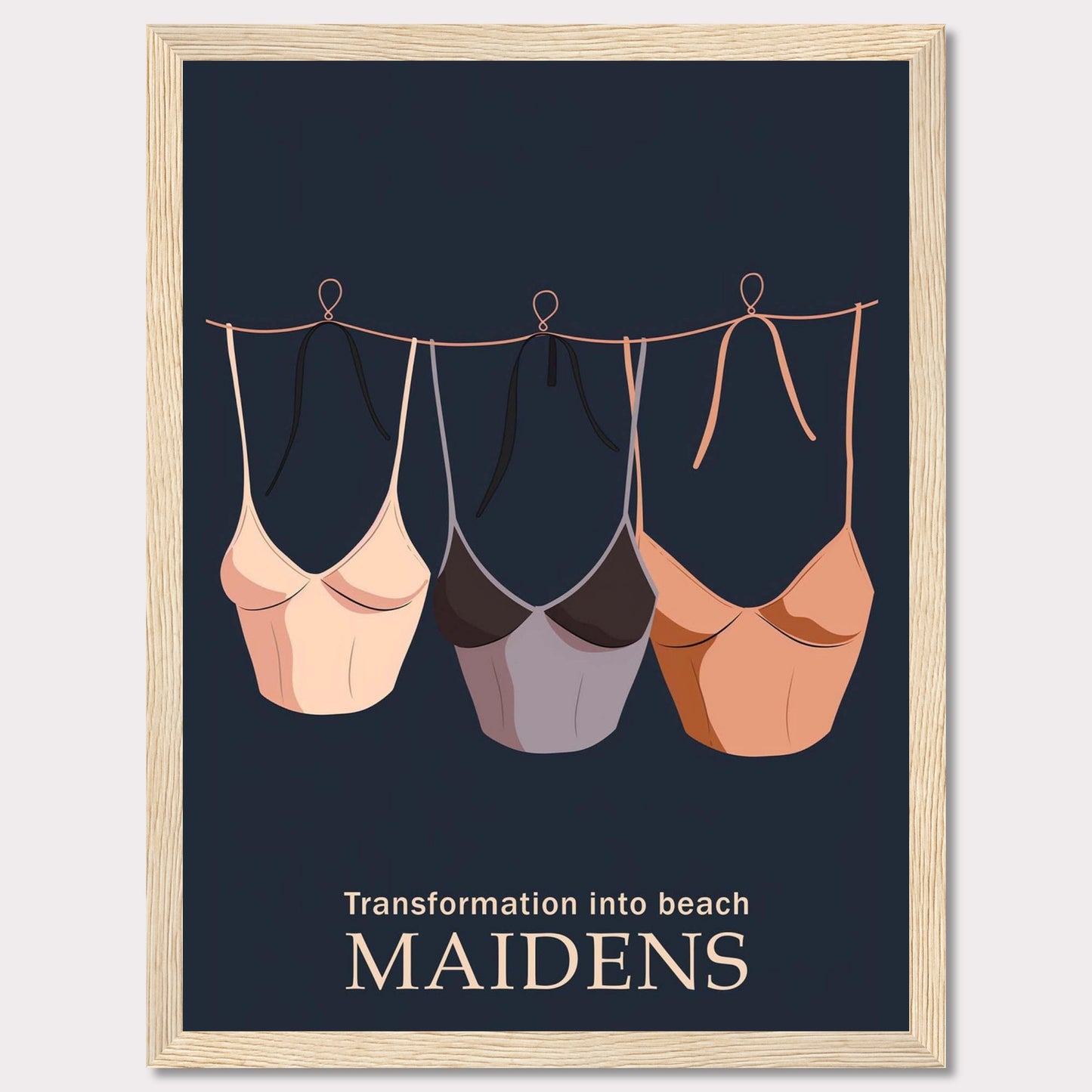 This image features a stylish and minimalistic poster with three bikinis hanging on a line against a dark background. The text at the bottom reads "Transformation into beach MAIDENS."