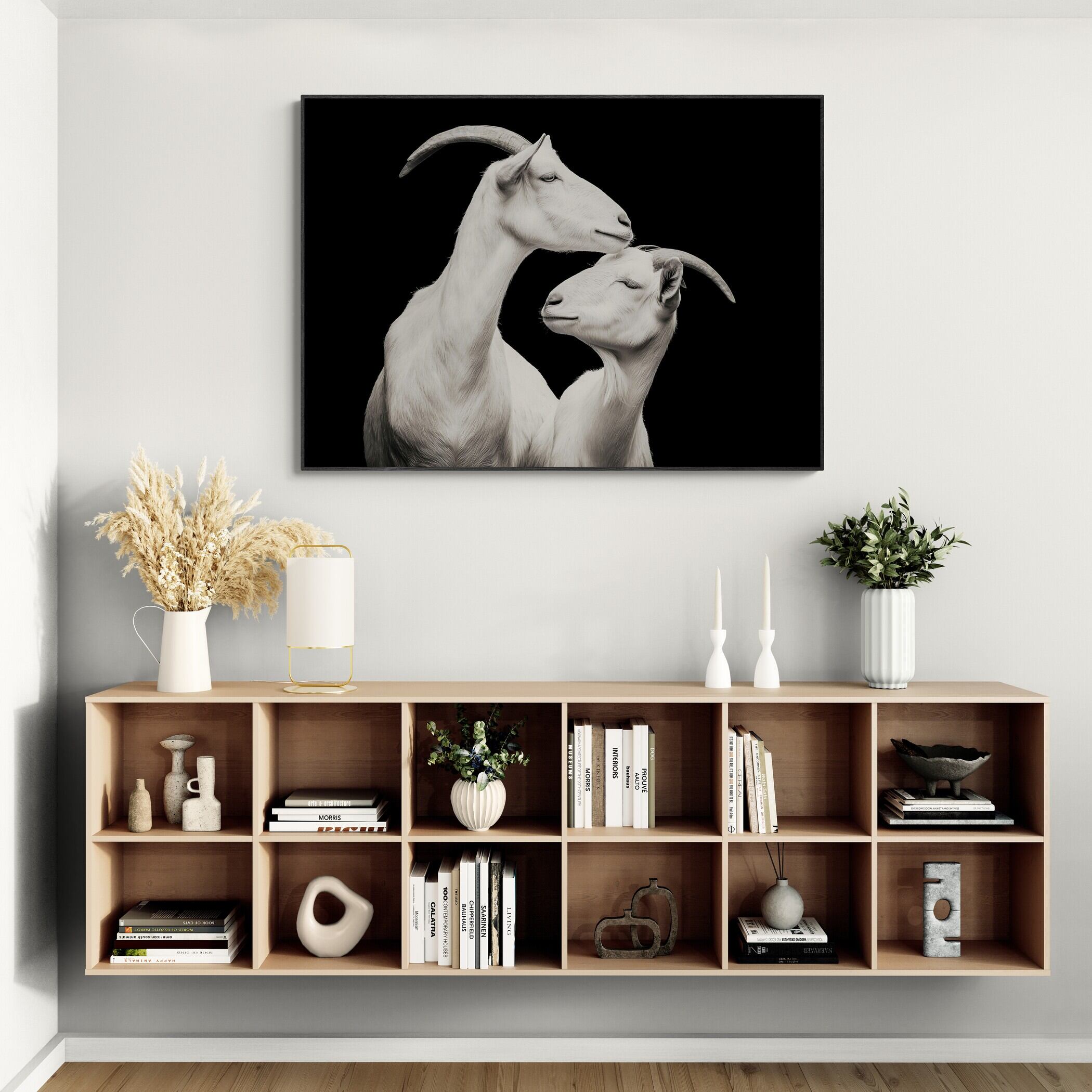 Elegance of goats - Alu-Dibond wall art depicting two alpine goats showcasing affection.