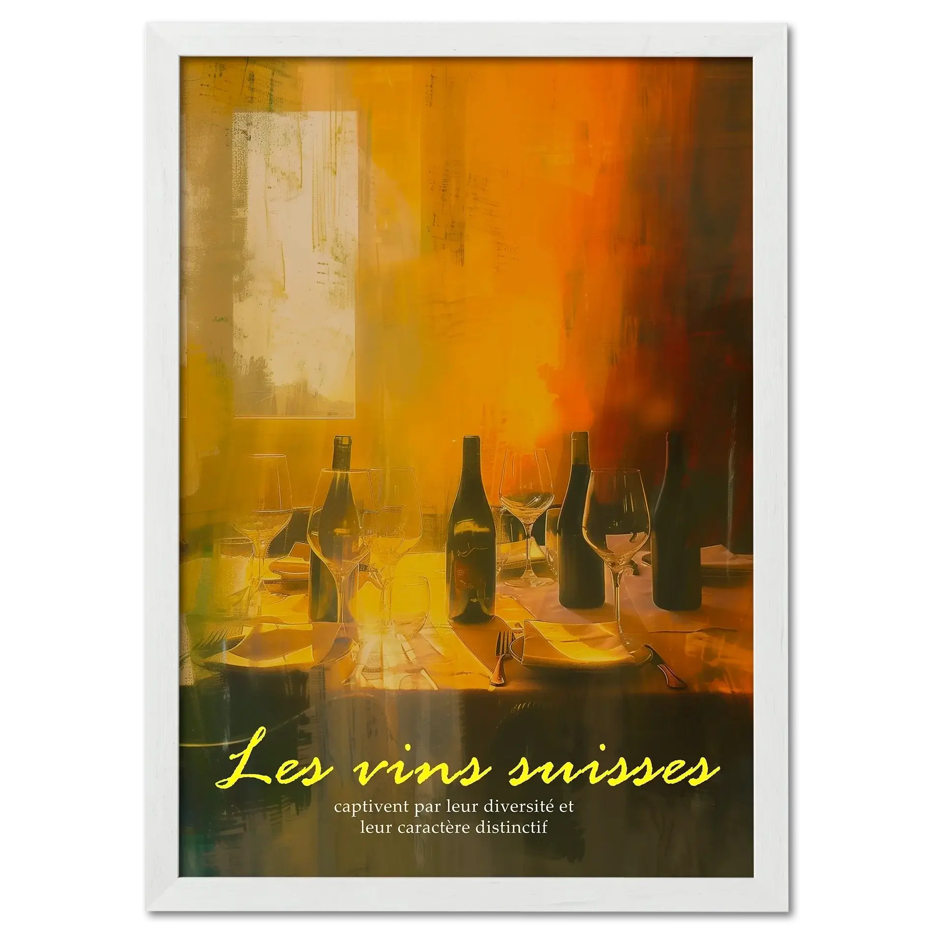 Wine evening - Poster featuring shadowy silhouettes of wine bottles and glasses on a softly lit table.