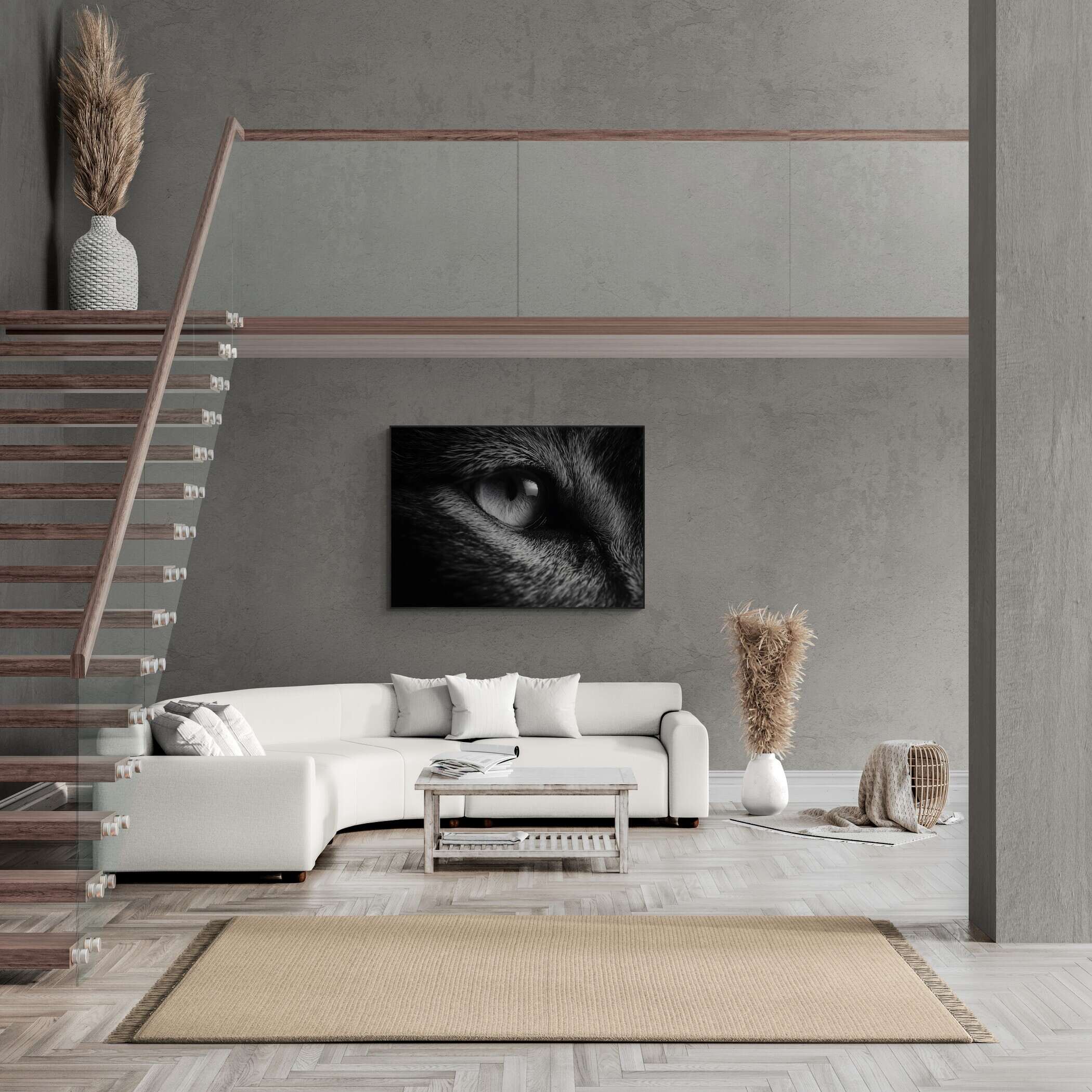 Eye of a Fox – Alu-Dibond wall art displayed in a modern living room setting.