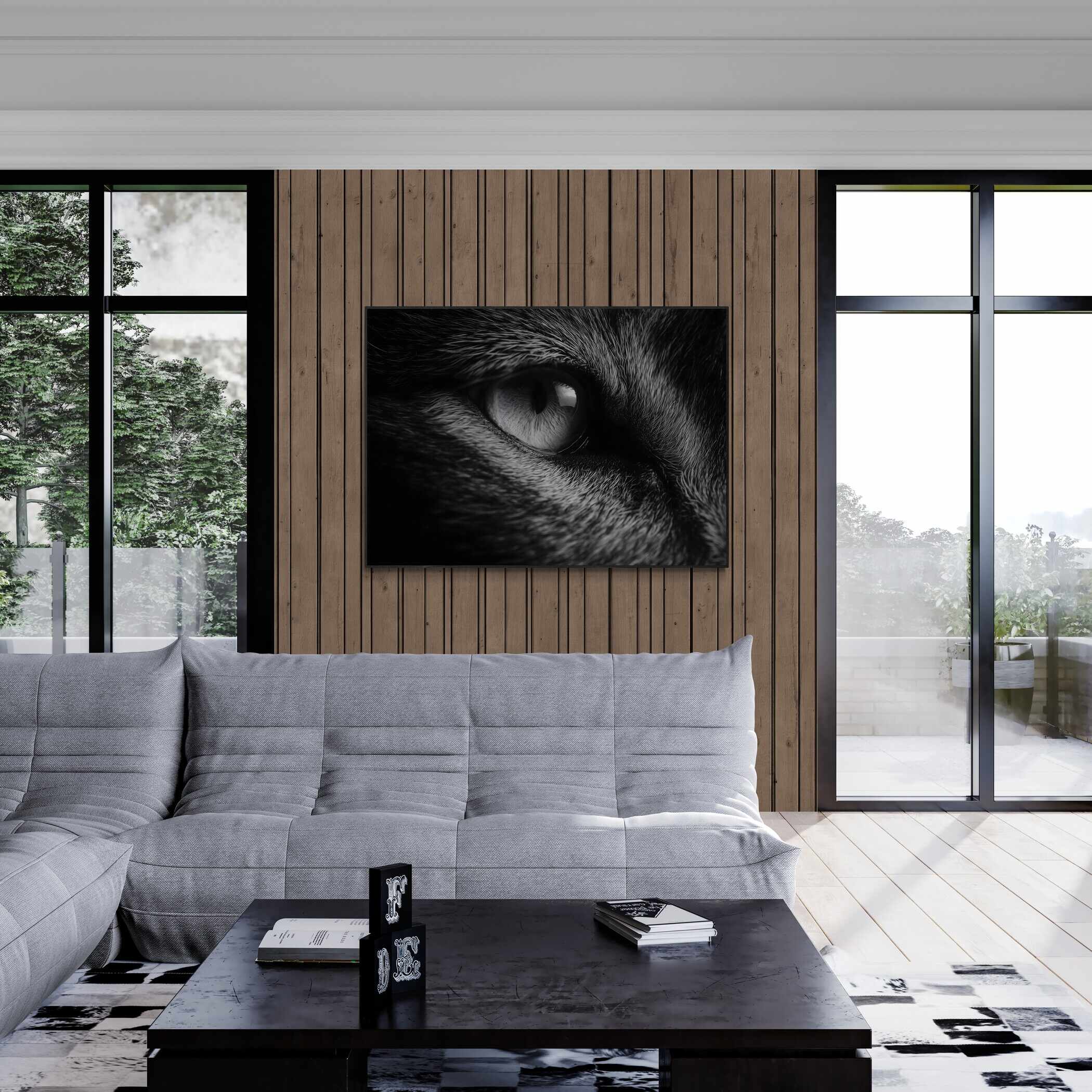Eye of a Fox – Alu-Dibond wall art displayed in a modern living room with a sleek gray couch.