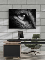 Eye of a Fox – Alu-Dibond wall art displayed in a modern office setting with a stylish desk and chair.