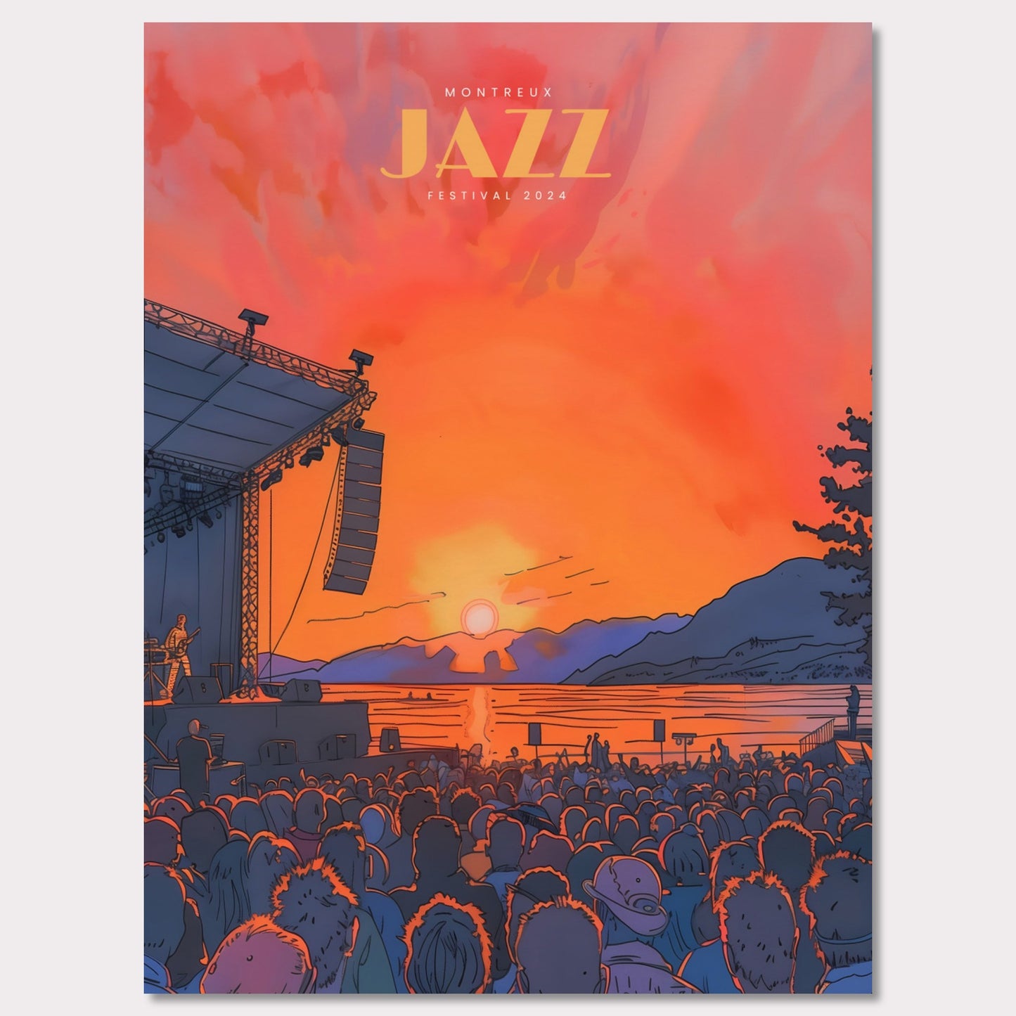 This vibrant poster showcases the Montreux Jazz Festival 2024, capturing the essence of a live outdoor concert at sunset. The scene is set with a large crowd facing a stage where a musician performs against a backdrop of a stunning sunset over a lake and mountains.