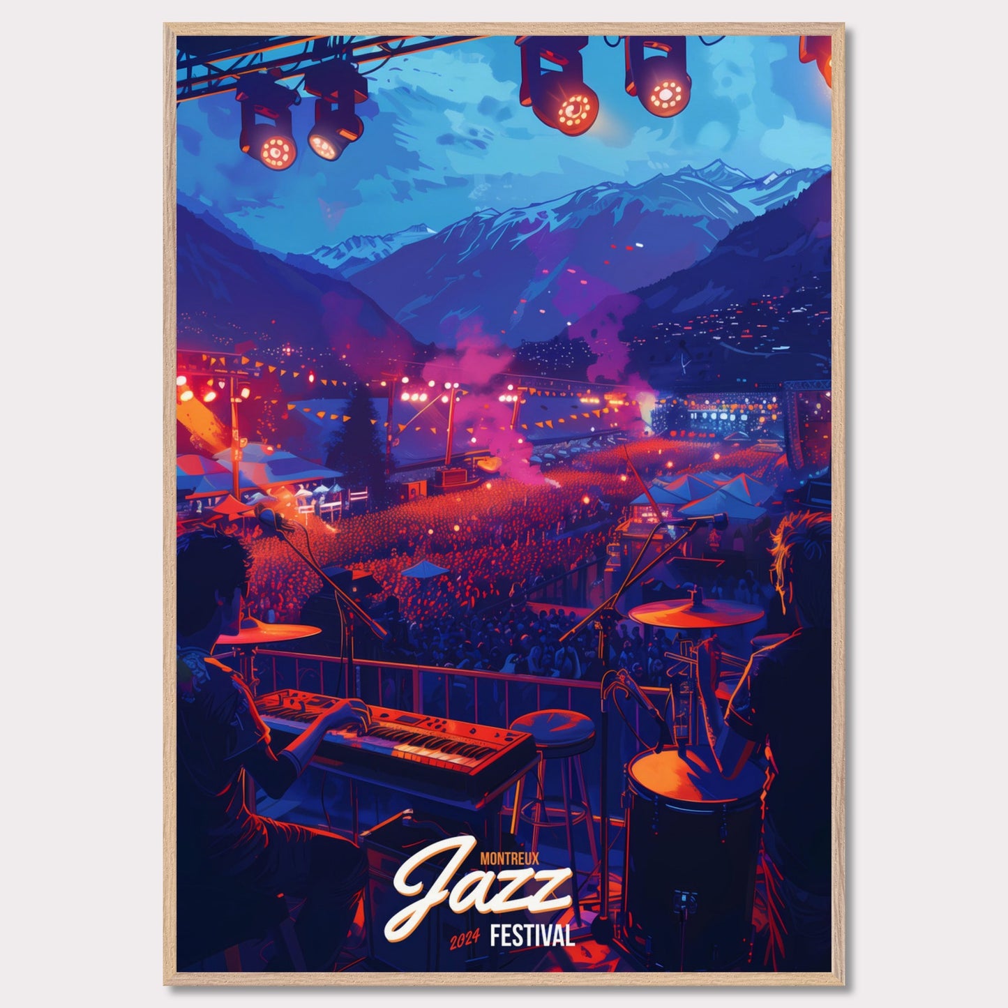 Experience the magic of the Montreux Jazz Festival 2024! This vibrant poster captures the essence of a live performance with a stunning mountain backdrop, colorful stage lights, and an enthusiastic crowd. Feel the rhythm, join the celebration, and be part of this unforgettable musical journey!