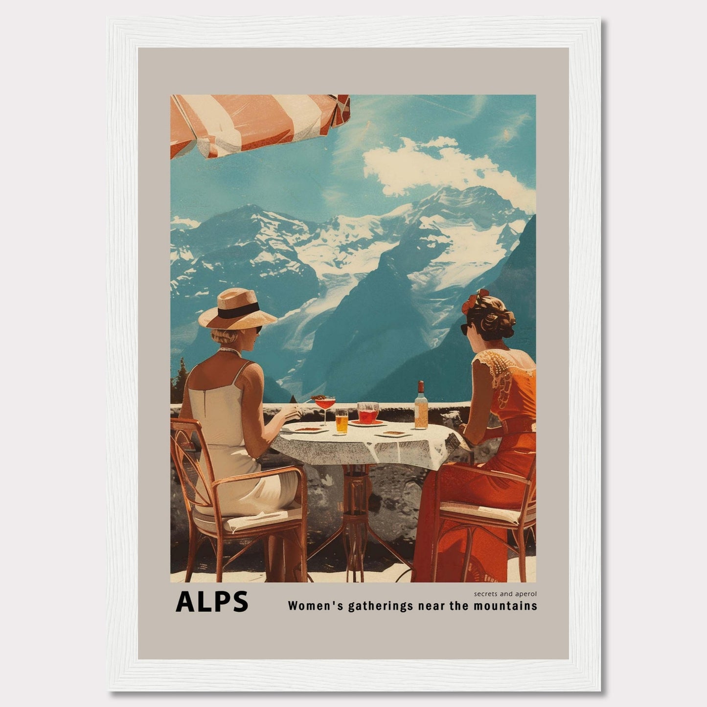 A beautiful vintage-style poster depicting two women enjoying a drink at a table with a stunning view of the Alps mountains in the background.