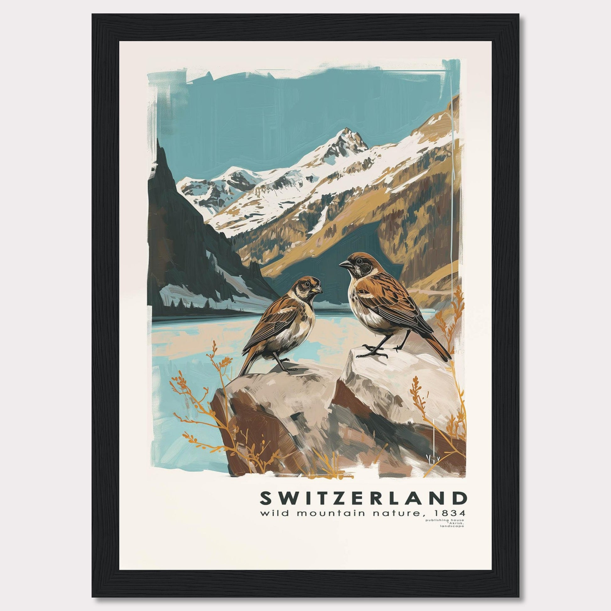 This beautiful illustration captures the serene and majestic nature of Switzerland. Two birds are perched on rocks in the foreground, with a breathtaking backdrop of snow-capped mountains and a tranquil lake.