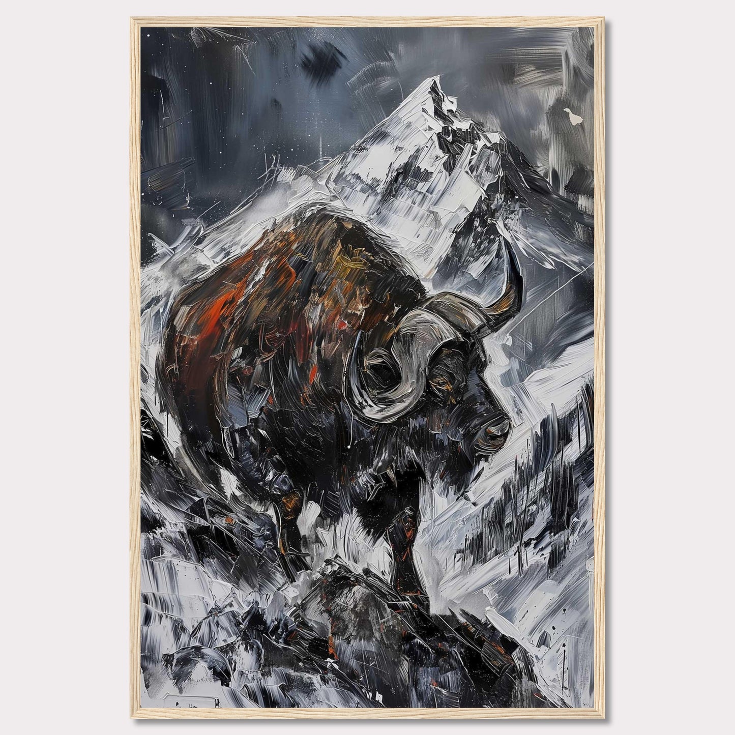 This striking painting captures the raw power of a buffalo against a dramatic mountainous backdrop. The bold brushstrokes and intense colors create a sense of movement and energy.