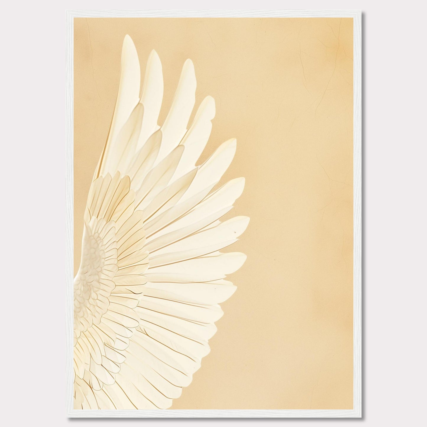 This elegant wall art features a detailed depiction of a white feathered wing against a soft beige background. The minimalist design and neutral tones make it a versatile piece for any room.